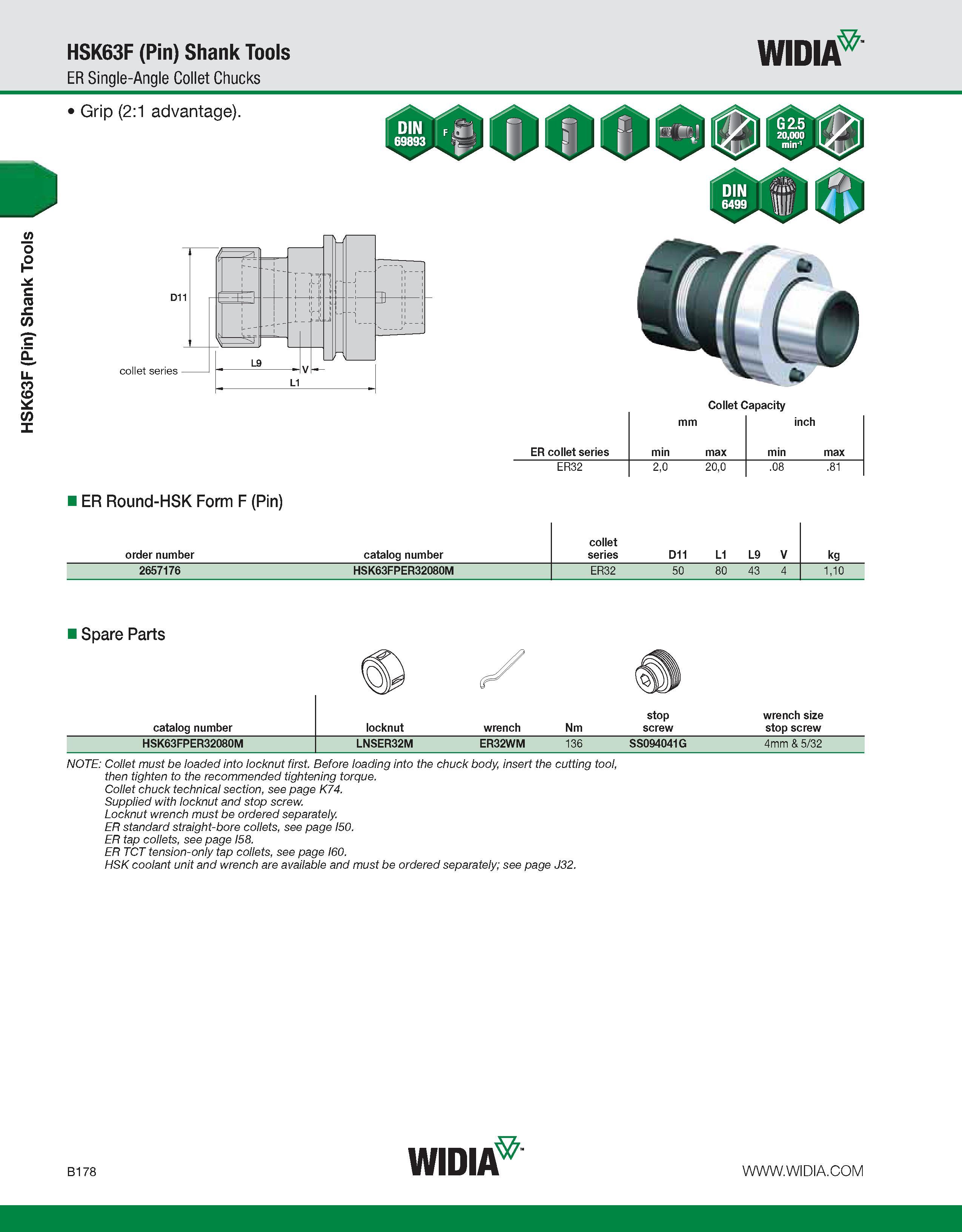 534 HSK63F (Pin) Shank Tools HSK63F (Pin) Shank Tools ER Single-Angle Collet Chucks WIDIA Collet Capacity mm inch ER collet series min max min max ER Каталог WIDIA 2011 Инструментальная оснастка для металлорежущих станков Вспомогательный инструмент для оборудования Адаптеры Насадки Оправки Патроны Стр. B178 ENG