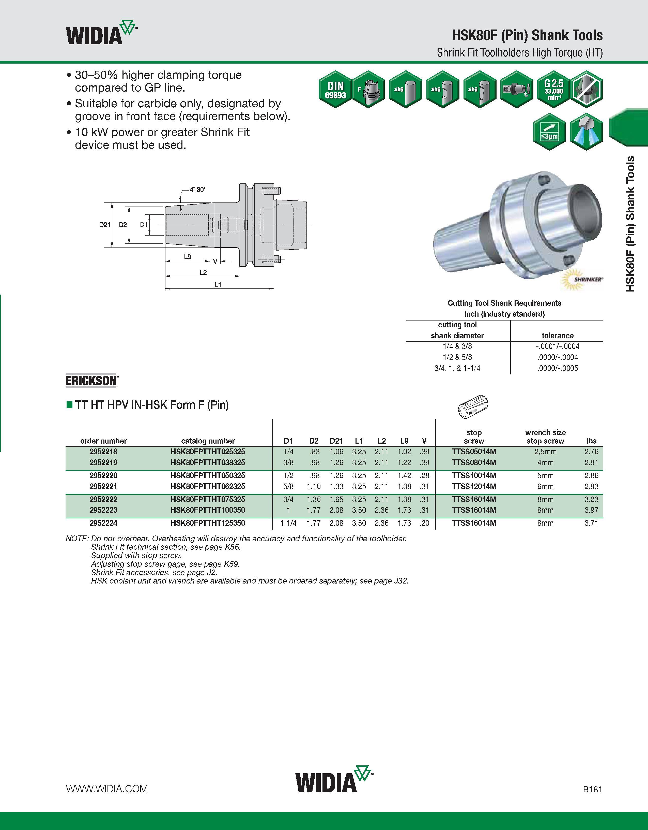 537 WIDIA HSK80F (Pin) Shank Tools Shrink Fit Toolholders High Torque (HT) 30-50% higher clamping torque compared to GP line Suitable for carbide onl Каталог WIDIA 2011 Инструментальная оснастка для металлорежущих станков Вспомогательный инструмент для оборудования Адаптеры Насадки Оправки Патроны Стр. B181 ENG
