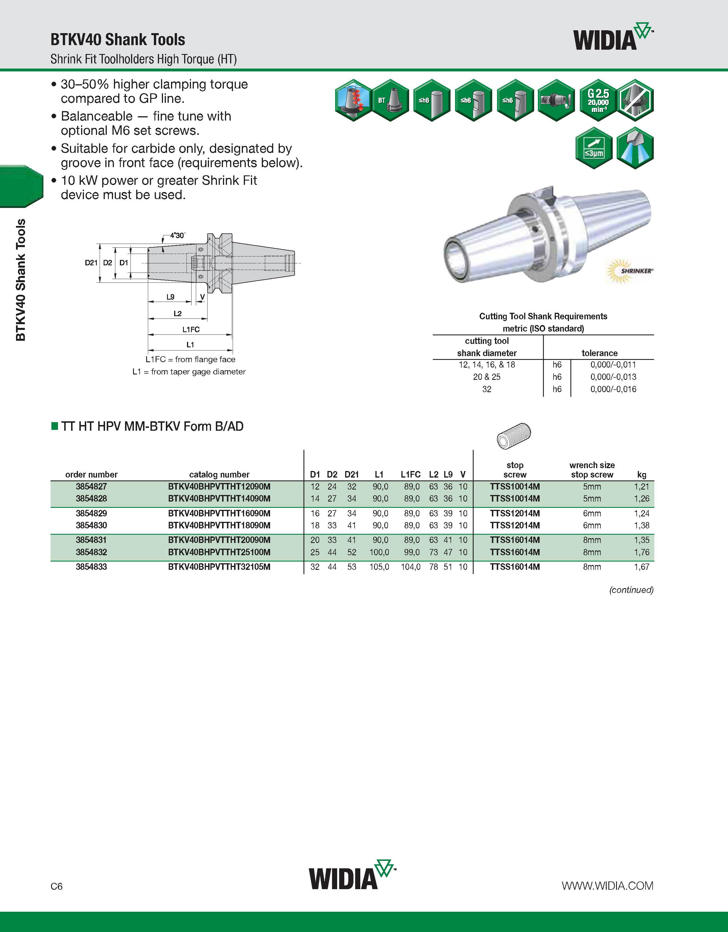 546 BTKV40 Shank Tools BTKV40 Shank Tools Shrink Fit Toolholders High Torque (HT) WIDIA 30-50% higher clamping torque compared to GP line Balanceable Каталог WIDIA 2011 Инструментальная оснастка для металлорежущих станков Вспомогательный инструмент для оборудования Адаптеры Насадки Оправки Патроны Стр. C6 ENG