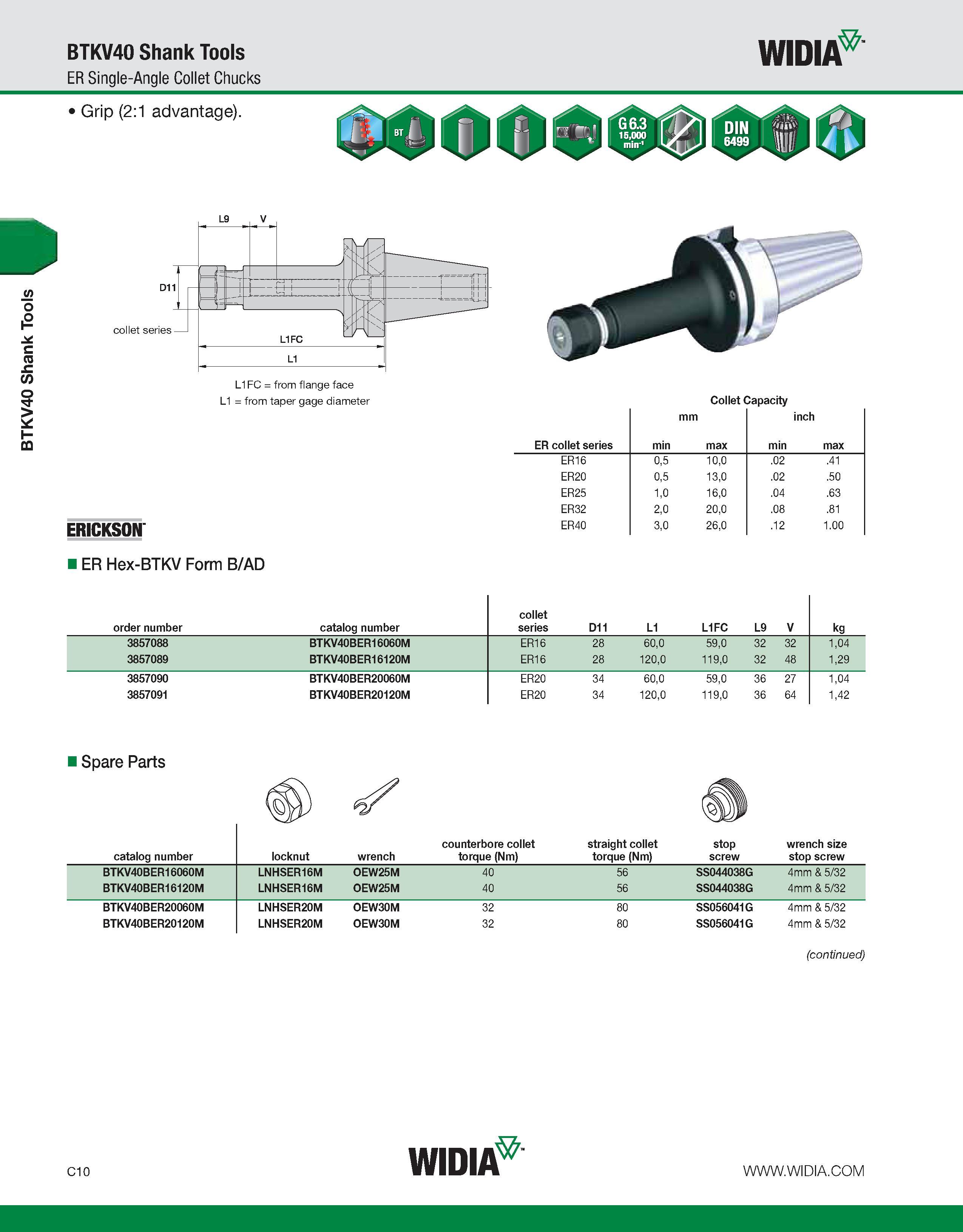 550 BTKV40 Shank Tools BTKV40 Shank Tools ER Single-Angle Collet Chucks WIDIA Grip (2:1 advantage) L1FC = from flange face L1 = from taper gage diame Каталог WIDIA 2011 Инструментальная оснастка для металлорежущих станков Вспомогательный инструмент для оборудования Адаптеры Насадки Оправки Патроны Стр. C10 ENG