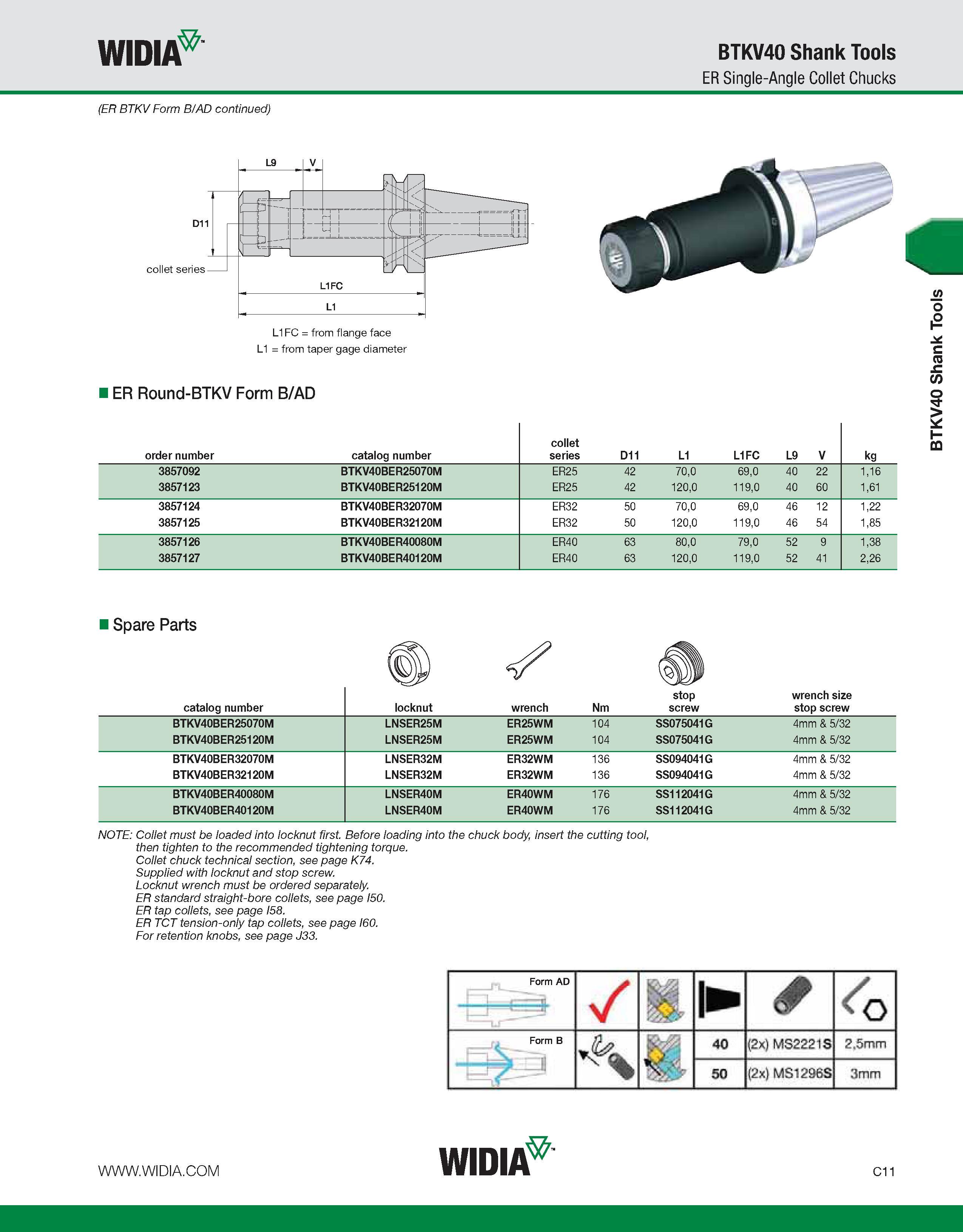 551 WIDIA BTKV40 Shank Tools ER Single-Angle Collet Chucks (ER BTKV Form B/AD continued) L1FC = from flange face L1 = from taper gage diameter I ER R Каталог WIDIA 2011 Инструментальная оснастка для металлорежущих станков Вспомогательный инструмент для оборудования Адаптеры Насадки Оправки Патроны Стр. C11 ENG