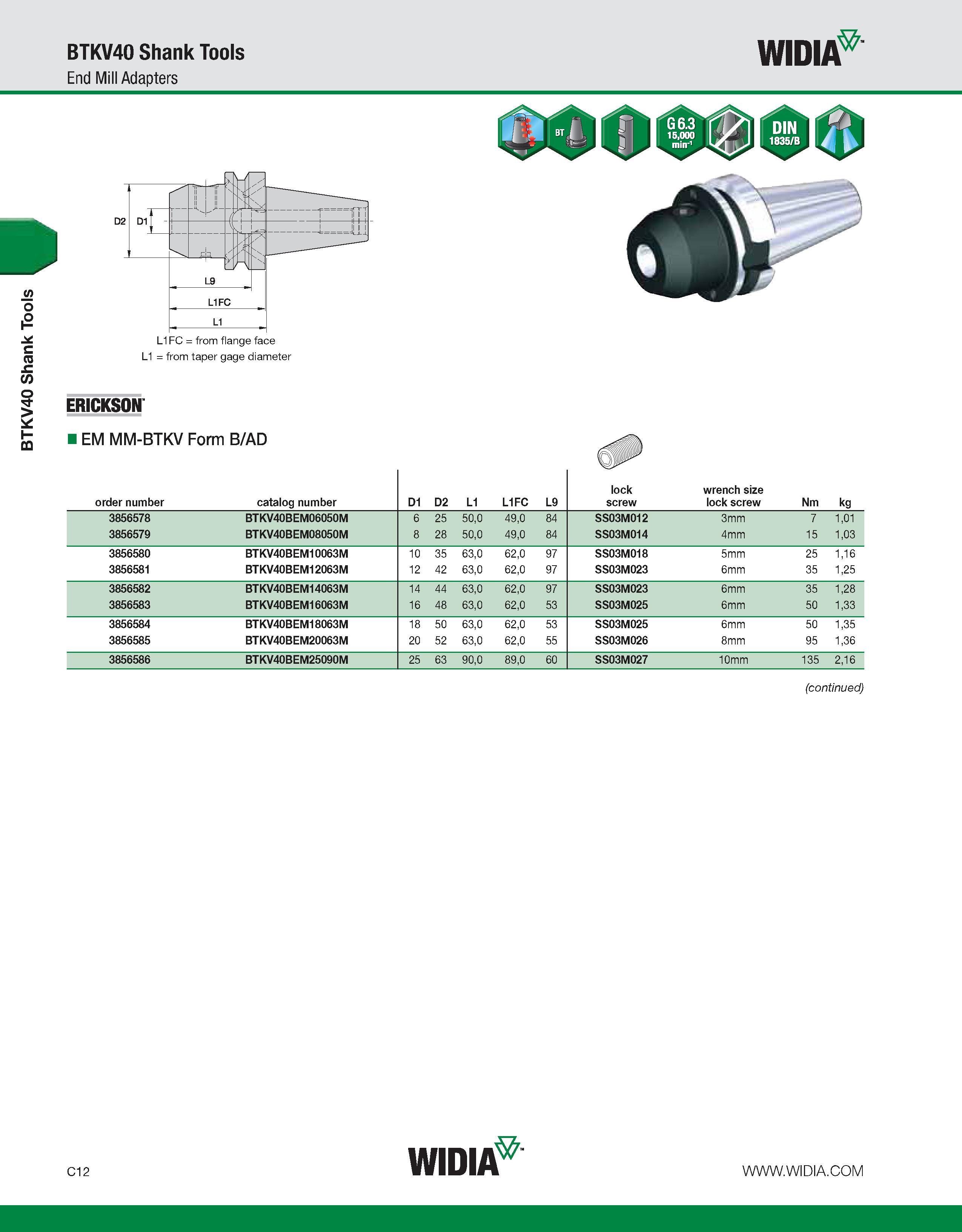 552 BTKV40 Shank Tools BTKV40 Shank Tools End Mill Adapters WIDIA L1 = from taper gage diameter ERICKSON EM MM-BTKV Form B/AD order number catalog nu Каталог WIDIA 2011 Инструментальная оснастка для металлорежущих станков Вспомогательный инструмент для оборудования Адаптеры Насадки Оправки Патроны Стр. C12 ENG