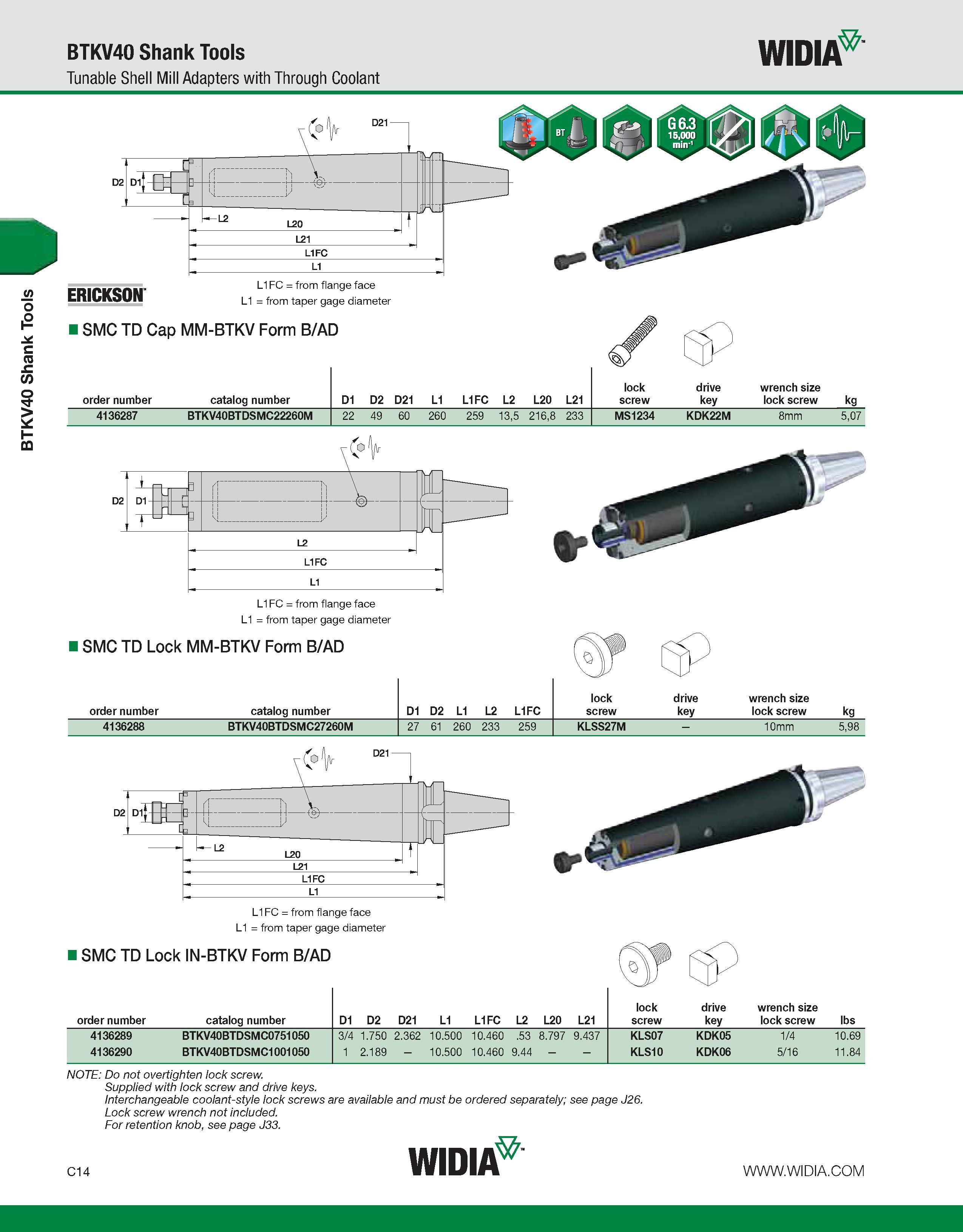 554 BTKV40 Shank Tools BTKV40 Shank Tools Tunable Shell Mill Adapters with Through Coolant WIDIA HI L20 L21 L1FC ERICKSON L1FC = from flange face L1 Каталог WIDIA 2011 Инструментальная оснастка для металлорежущих станков Вспомогательный инструмент для оборудования Адаптеры Насадки Оправки Патроны Стр. C14 ENG