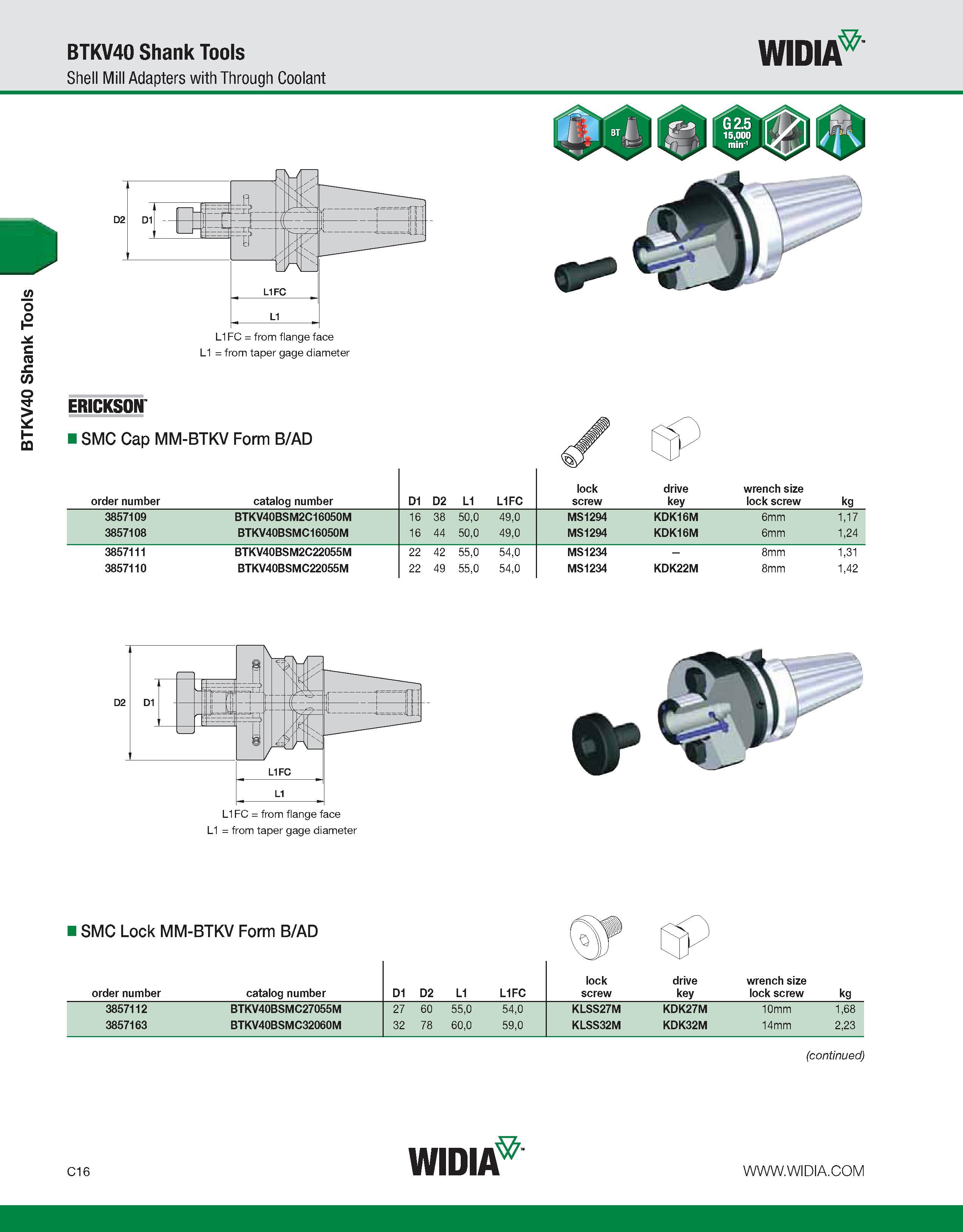 556 BTKV40 Shank Tools BTKV40 Shank Tools Shell Mill Adapters with Through Coolant WIDIA D2 R D1 r J=r ti L1FC L1FC = from flange face L1 = from tape Каталог WIDIA 2011 Инструментальная оснастка для металлорежущих станков Вспомогательный инструмент для оборудования Адаптеры Насадки Оправки Патроны Стр. C16 ENG