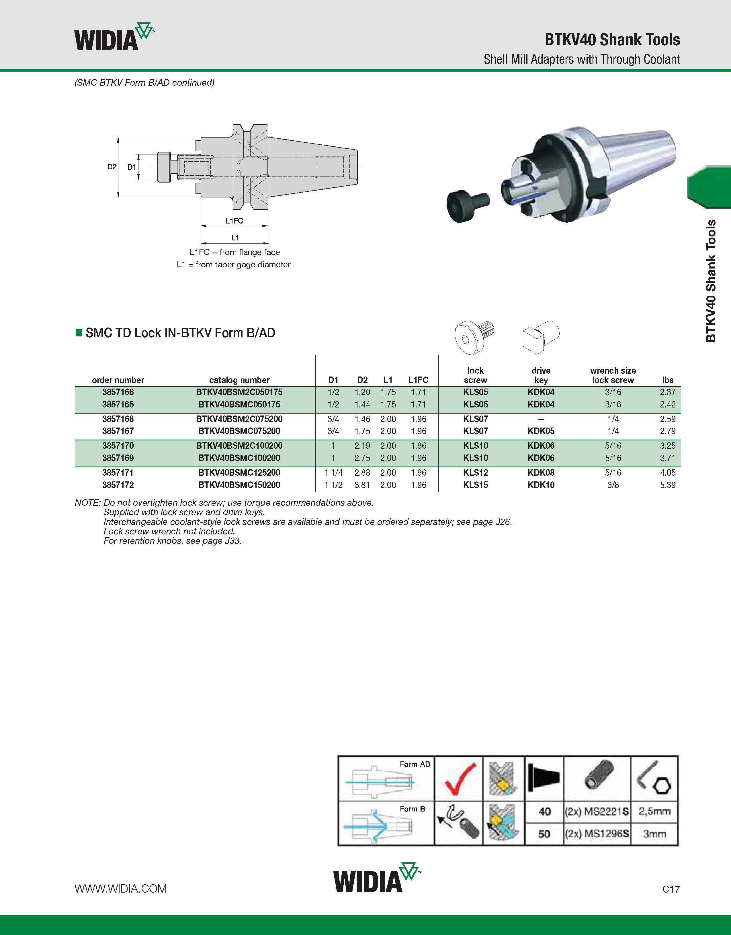 557 WIDIA BTKV40 Shank Tools Shell Mill Adapters with Through Coolant (SMC BTKV Form B/AD continued) L1 = from taper gage diameter I SMC TD Lock IN-B Каталог WIDIA 2011 Инструментальная оснастка для металлорежущих станков Вспомогательный инструмент для оборудования Адаптеры Насадки Оправки Патроны Стр. C17 ENG