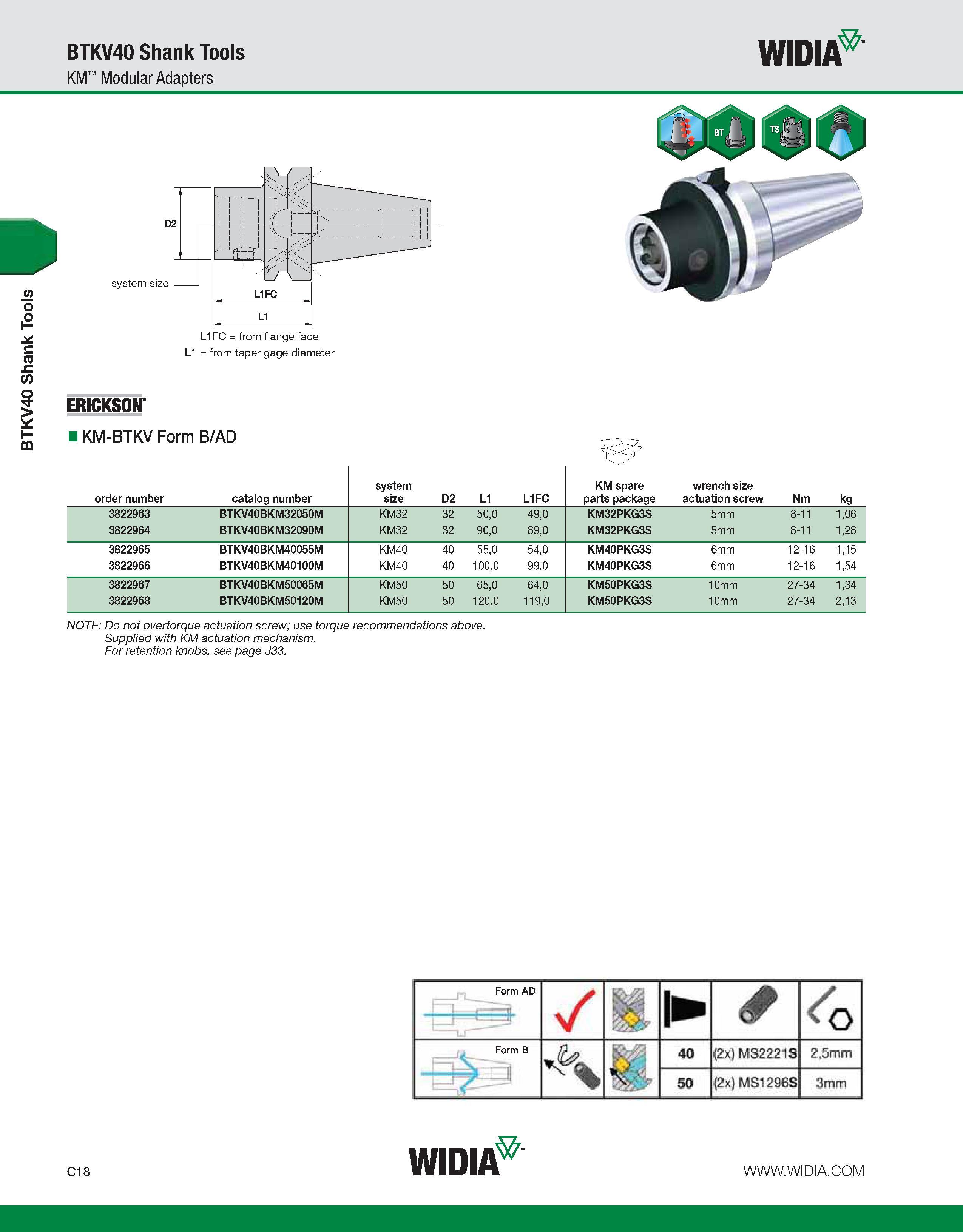 558 BTKV40 Shank Tools BTKV40 Shank Tools KM Modular Adapters WIDIA system size L1FC = from flange face L1 = from taper gage diameter ERICKSON' KM-BT Каталог WIDIA 2011 Инструментальная оснастка для металлорежущих станков Вспомогательный инструмент для оборудования Адаптеры Насадки Оправки Патроны Стр. C18 ENG