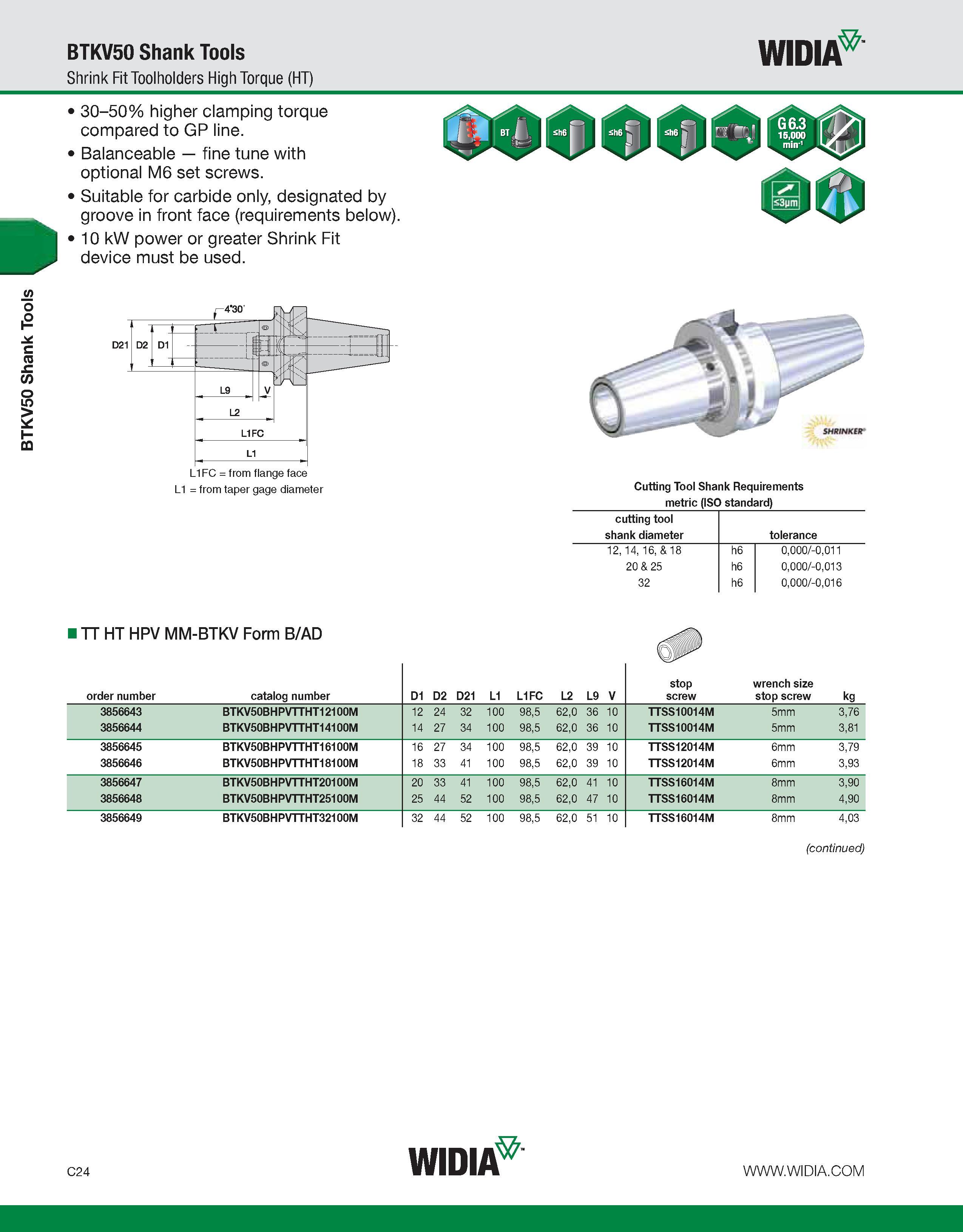 564 BTKV50 Shank Tools BTKV50 Shank Tools Shrink Fit Toolholders High Torque (HT) WIDIA 30-50% higher clamping torque compared to GP line Balanceable Каталог WIDIA 2011 Инструментальная оснастка для металлорежущих станков Вспомогательный инструмент для оборудования Адаптеры Насадки Оправки Патроны Стр. C24 ENG