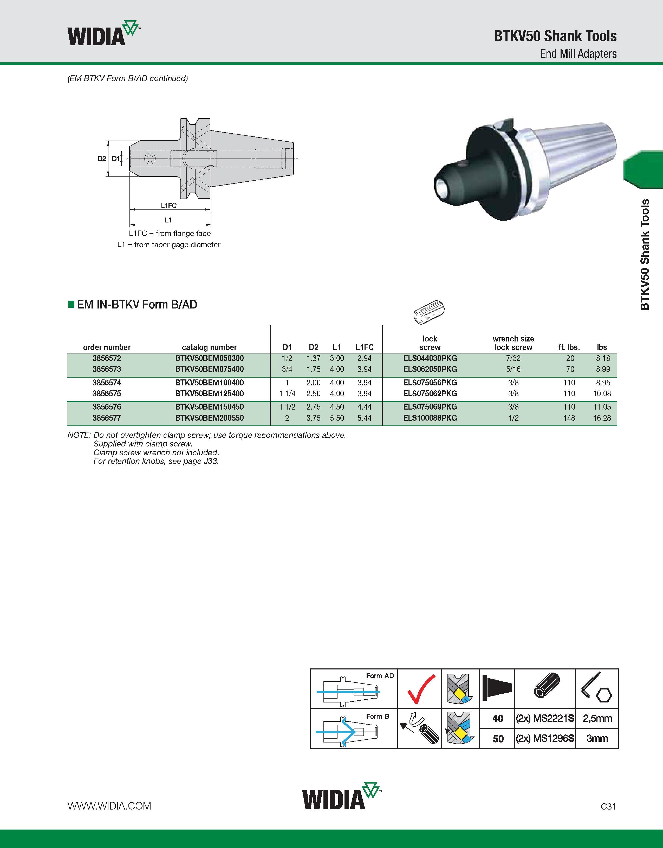 571 WIDIA BTKV50 Shank Tools End Mill Adapters (EM BTKV Form B/AD continued) L1 = from taper gage diameter I EM IN-BTKV Form B/AD order number catalo Каталог WIDIA 2011 Инструментальная оснастка для металлорежущих станков Вспомогательный инструмент для оборудования Адаптеры Насадки Оправки Патроны Стр. C31 ENG