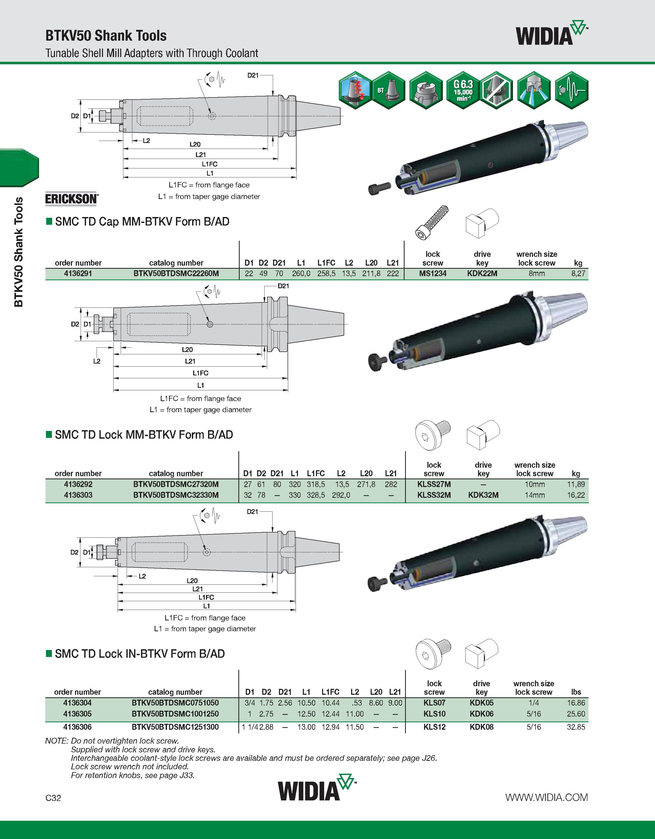 572 BTKV50 Shank Tools BTKV50 Shank Tools Tunable Shell Mill Adapters with Through Coolant WIDIA ERICKSON L1FC = from flange face L1 = from taper gag Каталог WIDIA 2011 Инструментальная оснастка для металлорежущих станков Вспомогательный инструмент для оборудования Адаптеры Насадки Оправки Патроны Стр. C32 ENG