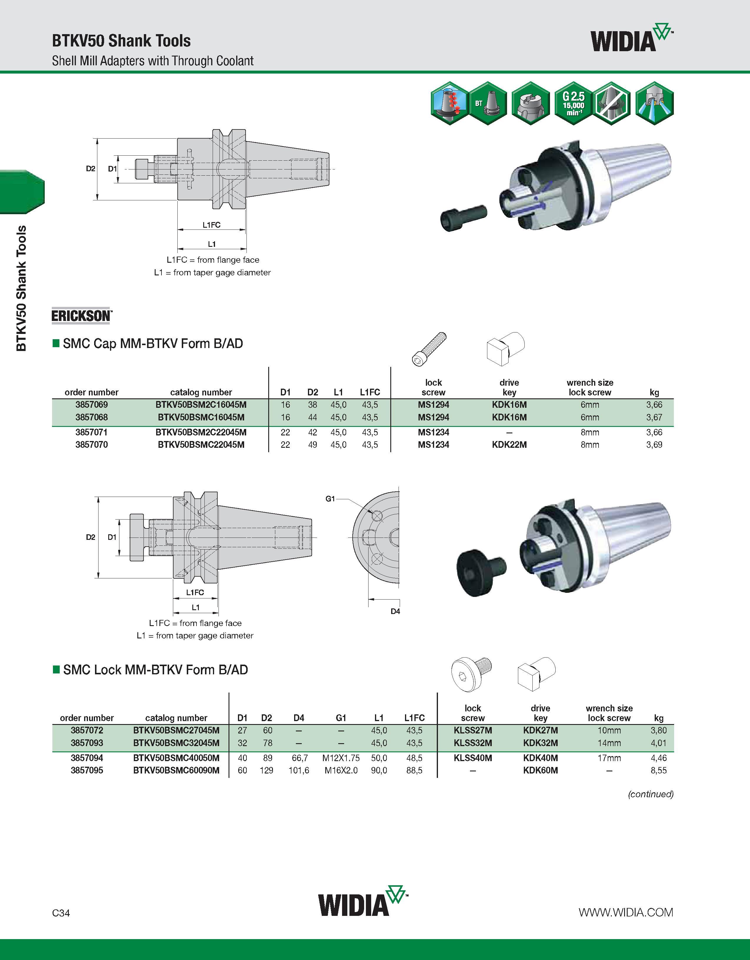 574 BTKV50 Shank Tools BTKV50 Shank Tools Shell Mill Adapters with Through Coolant WIDIA L1FC = from flange face L1 = from taper gage diameter ERICKS Каталог WIDIA 2011 Инструментальная оснастка для металлорежущих станков Вспомогательный инструмент для оборудования Адаптеры Насадки Оправки Патроны Стр. C34 ENG