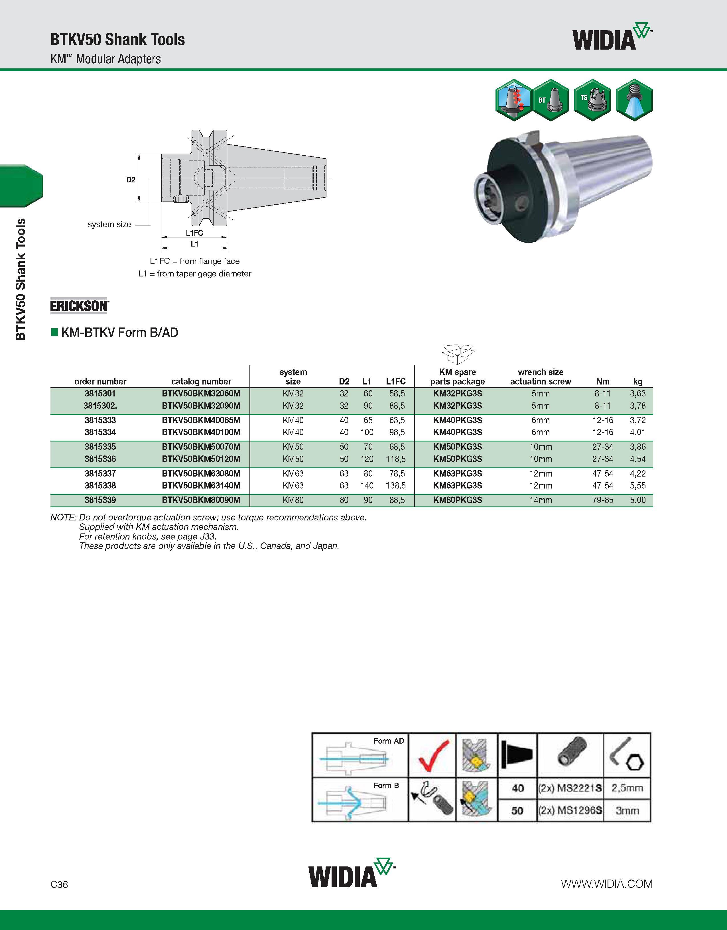 576 BTKV50 Shank Tools BTKV50 Shank Tools KM Modular Adapters WIDIA L1FC = from flange face L1 = from taper gage diameter ERICKSON KM-BTKV Form B/AD Каталог WIDIA 2011 Инструментальная оснастка для металлорежущих станков Вспомогательный инструмент для оборудования Адаптеры Насадки Оправки Патроны Стр. C36 ENG