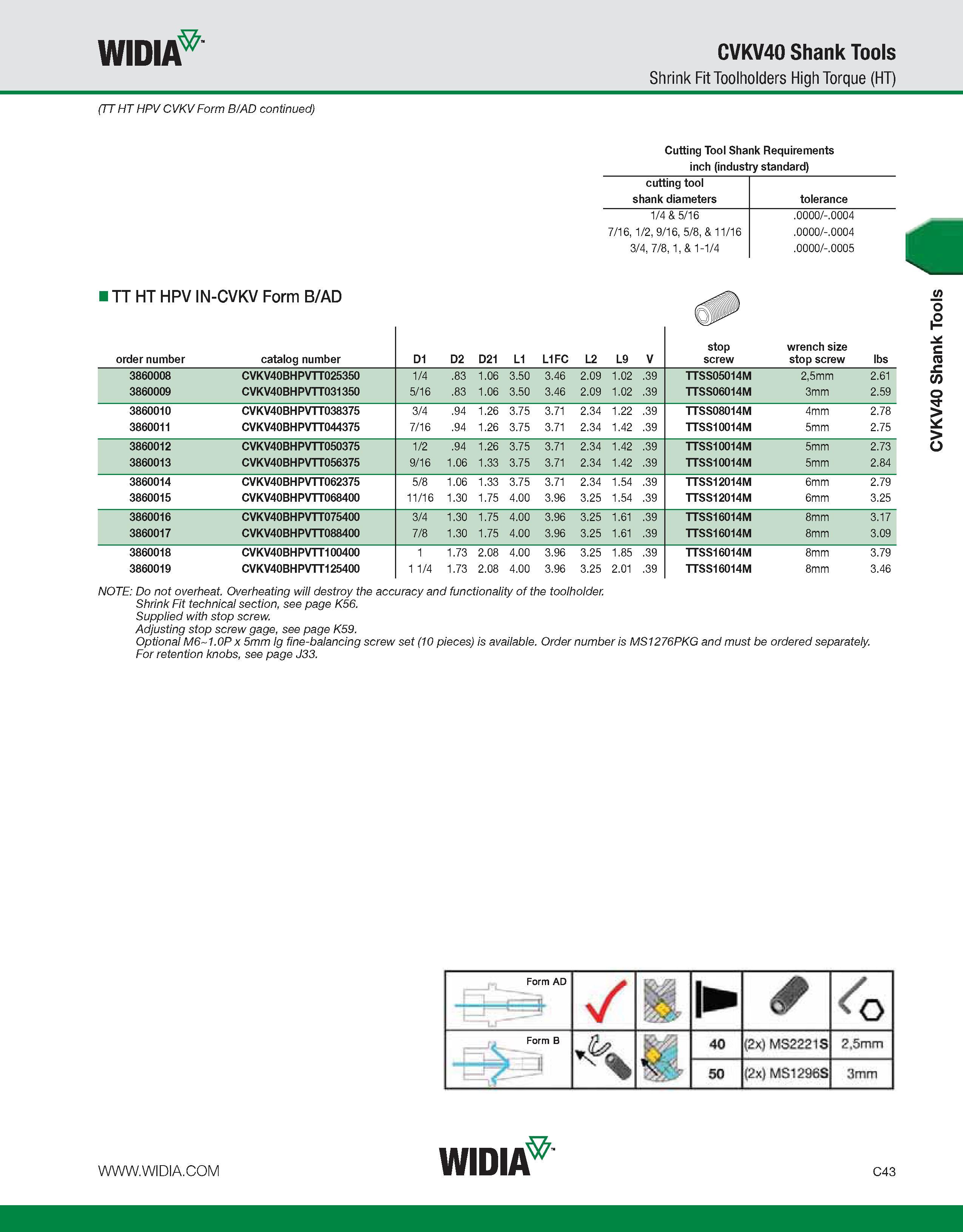 583 WIDIA CVKV40 Shank Tools Shrink Fit Toolholders High Torque (HT) (TT HT HPV CVKV Form B/AD continued) I TT HT HPV IN-CVKV Form B/AD Cutting Tool Каталог WIDIA 2011 Инструментальная оснастка для металлорежущих станков Вспомогательный инструмент для оборудования Адаптеры Насадки Оправки Патроны Стр. C43 ENG