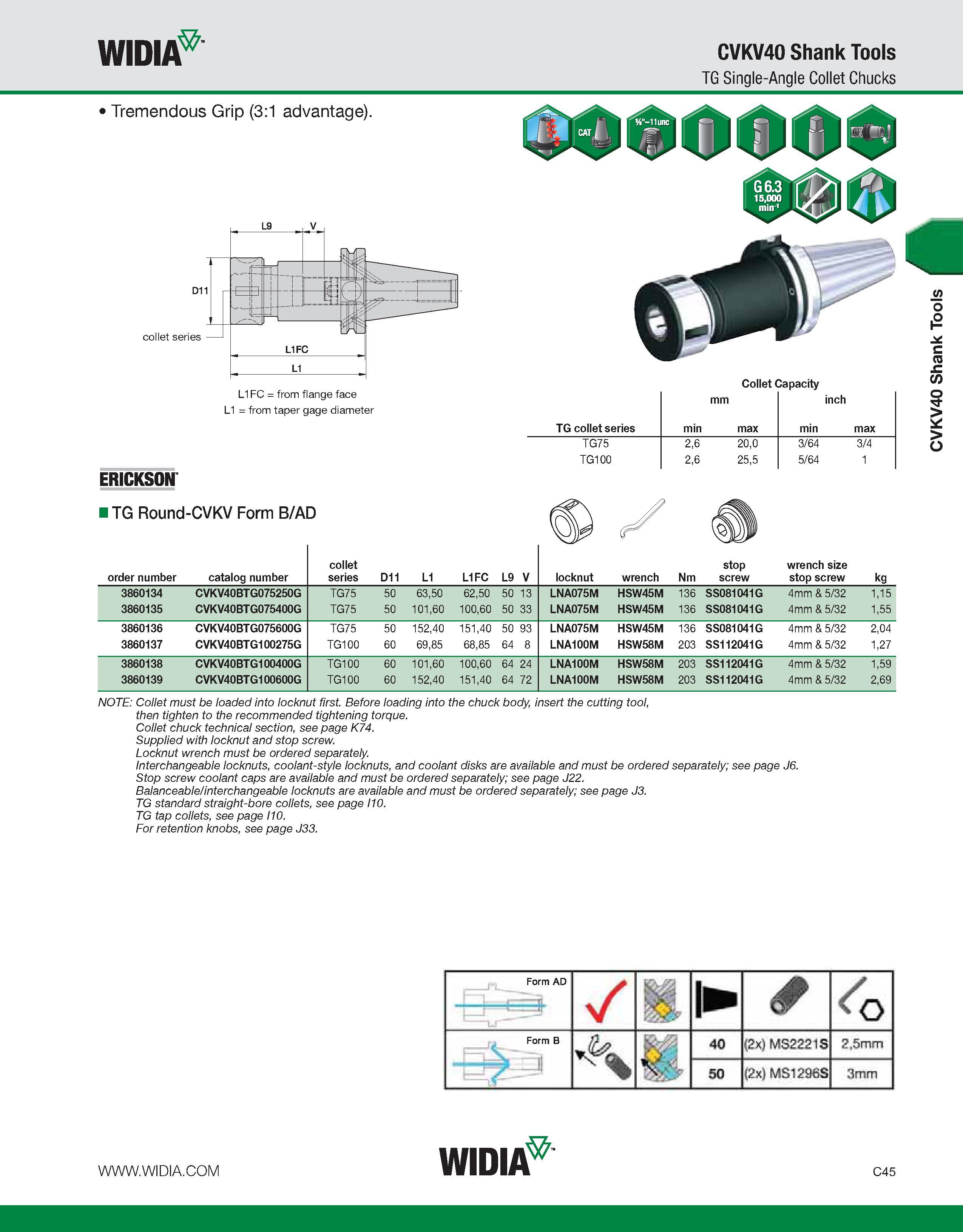 585 WIDIA CVKV40 Shank Tools TG Single-Angle Collet Chucks Tremendous Grip (3:1 advantage) D11 collet series L1FC = from flange face L1 = from taper Каталог WIDIA 2011 Инструментальная оснастка для металлорежущих станков Вспомогательный инструмент для оборудования Адаптеры Насадки Оправки Патроны Стр. C45 ENG