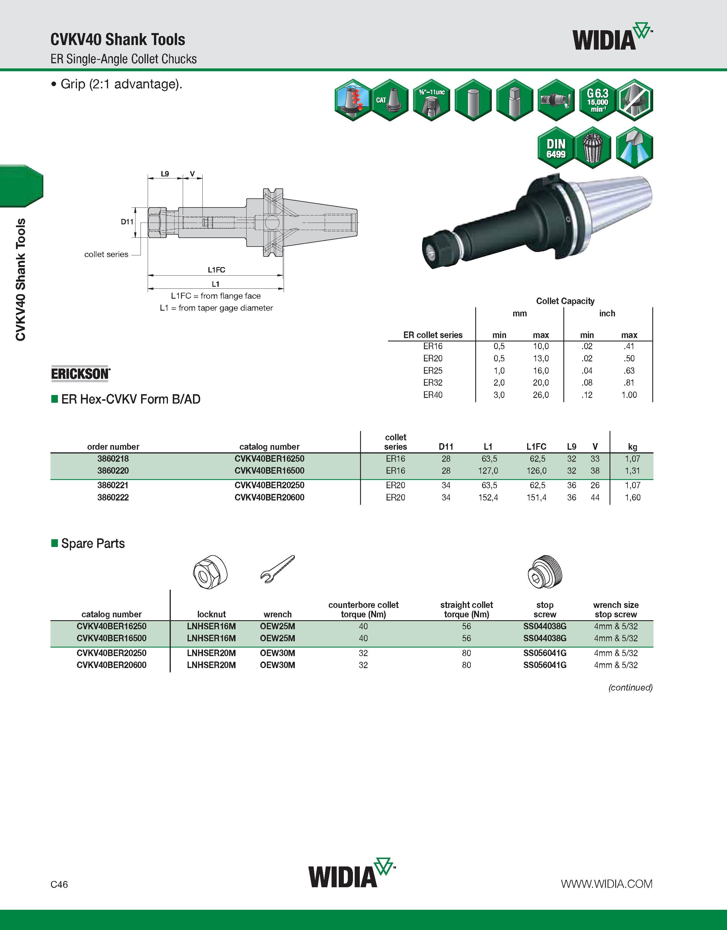586 CVKV40 Shank Tools CVKV40 Shank Tools ER Single-Angle Collet Chucks WIDIA Grip (2:1 advantage) D11 collet series L1FC = from flange face L1 = fro Каталог WIDIA 2011 Инструментальная оснастка для металлорежущих станков Вспомогательный инструмент для оборудования Адаптеры Насадки Оправки Патроны Стр. C46 ENG