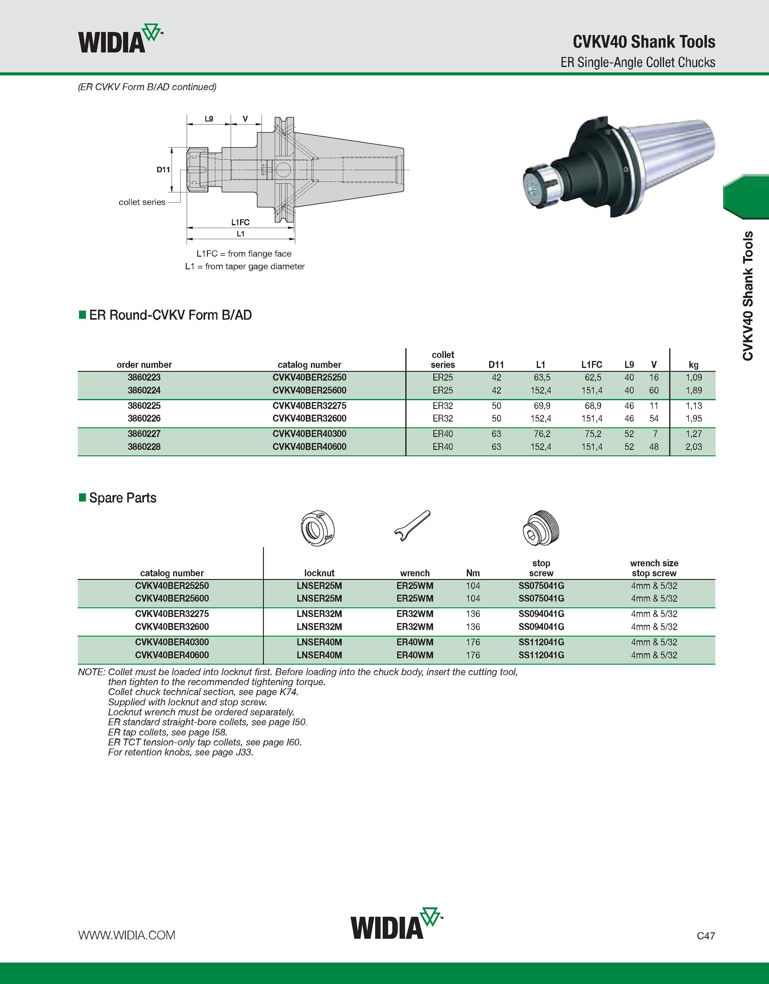 587 WIDIA CVKV40 Shank Tools ER Single-Angle Collet Chucks (ER CVKV Form B/AD continued) L1 = from taper gage diameter ER Round-CVKV Form B/AD order Каталог WIDIA 2011 Инструментальная оснастка для металлорежущих станков Вспомогательный инструмент для оборудования Адаптеры Насадки Оправки Патроны Стр. C47 ENG