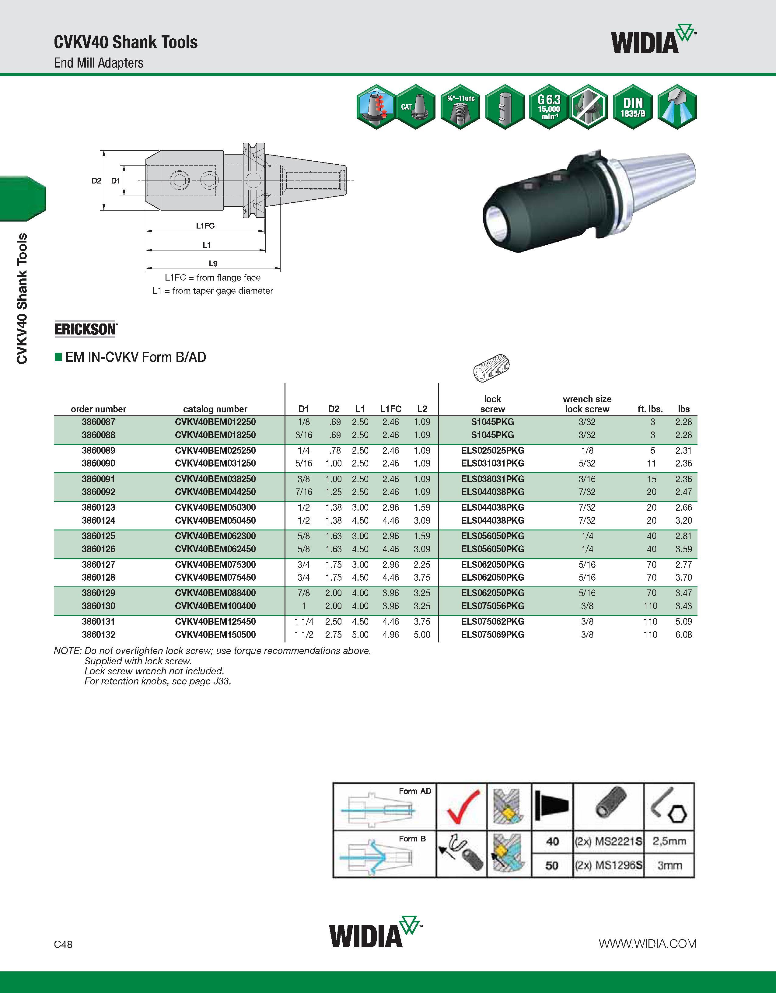 588 CVKV40 Shank Tools CVKV40 Shank Tools End Mill Adapters WIDIA L1 = from taper gage diameter ERICKSON EM IN-CVKV Form B/AD order number catalog nu Каталог WIDIA 2011 Инструментальная оснастка для металлорежущих станков Вспомогательный инструмент для оборудования Адаптеры Насадки Оправки Патроны Стр. C48 ENG