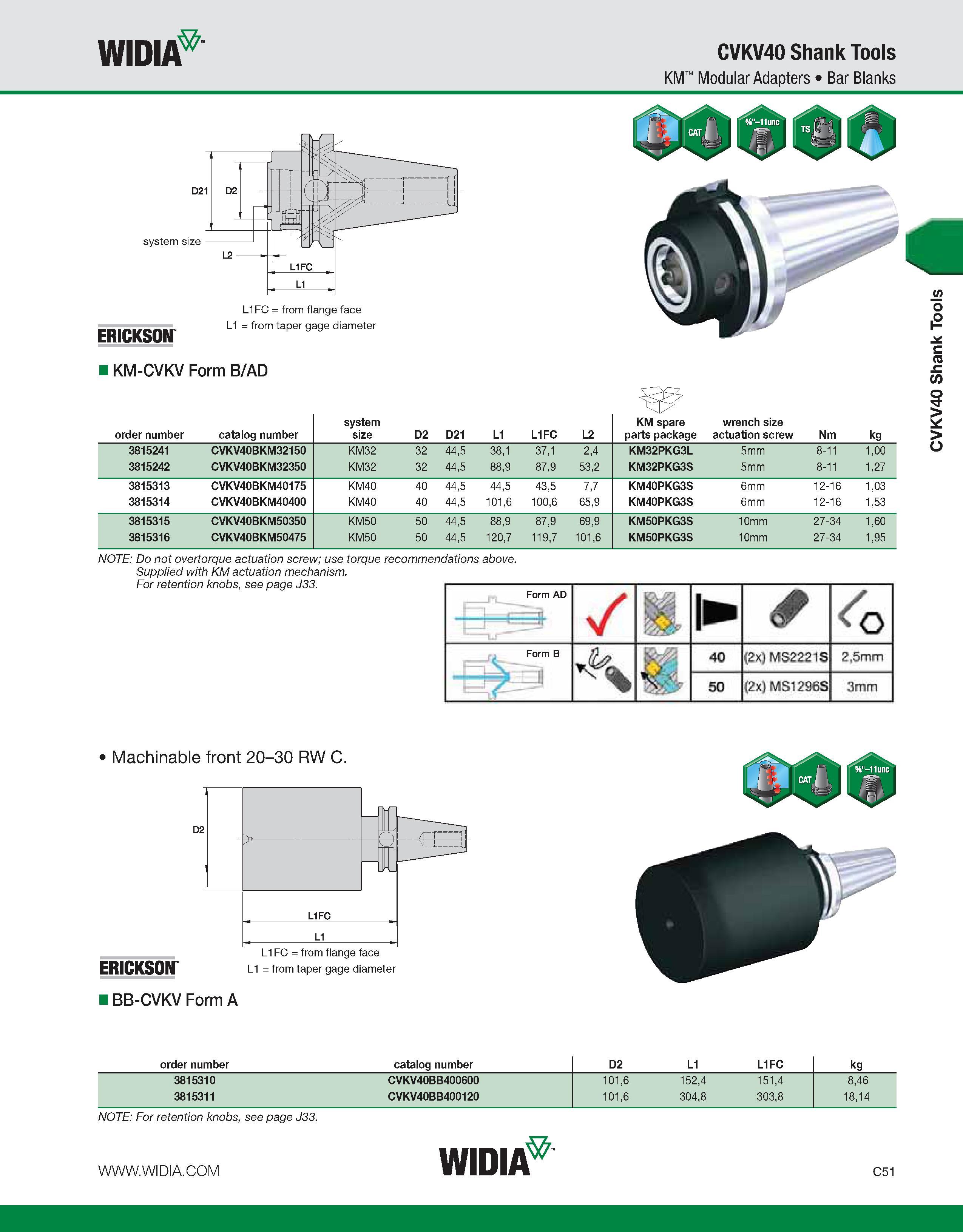 591 WIDIA CVKV40 Shank Tools KM Modular Adapters Bar Blanks system size ERICKSON- KM-CVKV Form B/AD order number catalog number system size D2 D21 L1 Каталог WIDIA 2011 Инструментальная оснастка для металлорежущих станков Вспомогательный инструмент для оборудования Адаптеры Насадки Оправки Патроны Стр. C51 ENG