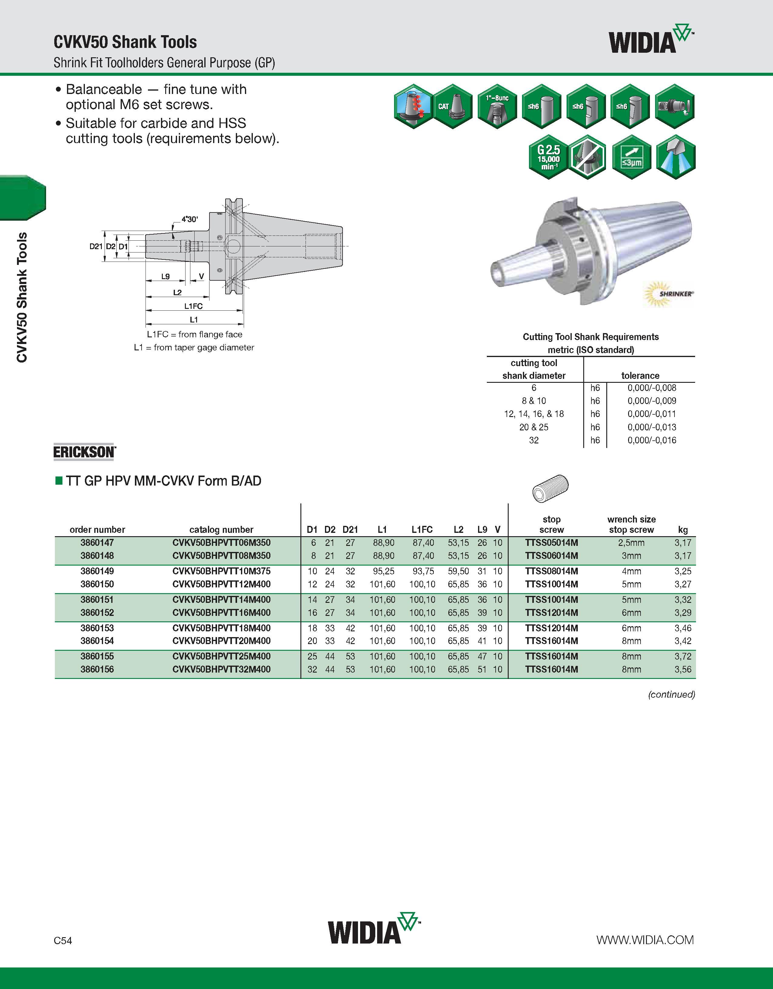 594 CVKV50 Shank Tools CVKV50 Shank Tools Shrink Fit Toolholders General Purpose (GP) WIDIA Balanceable fine tune with optional M6 set screws Suitabl Каталог WIDIA 2011 Инструментальная оснастка для металлорежущих станков Вспомогательный инструмент для оборудования Адаптеры Насадки Оправки Патроны Стр. C54 ENG