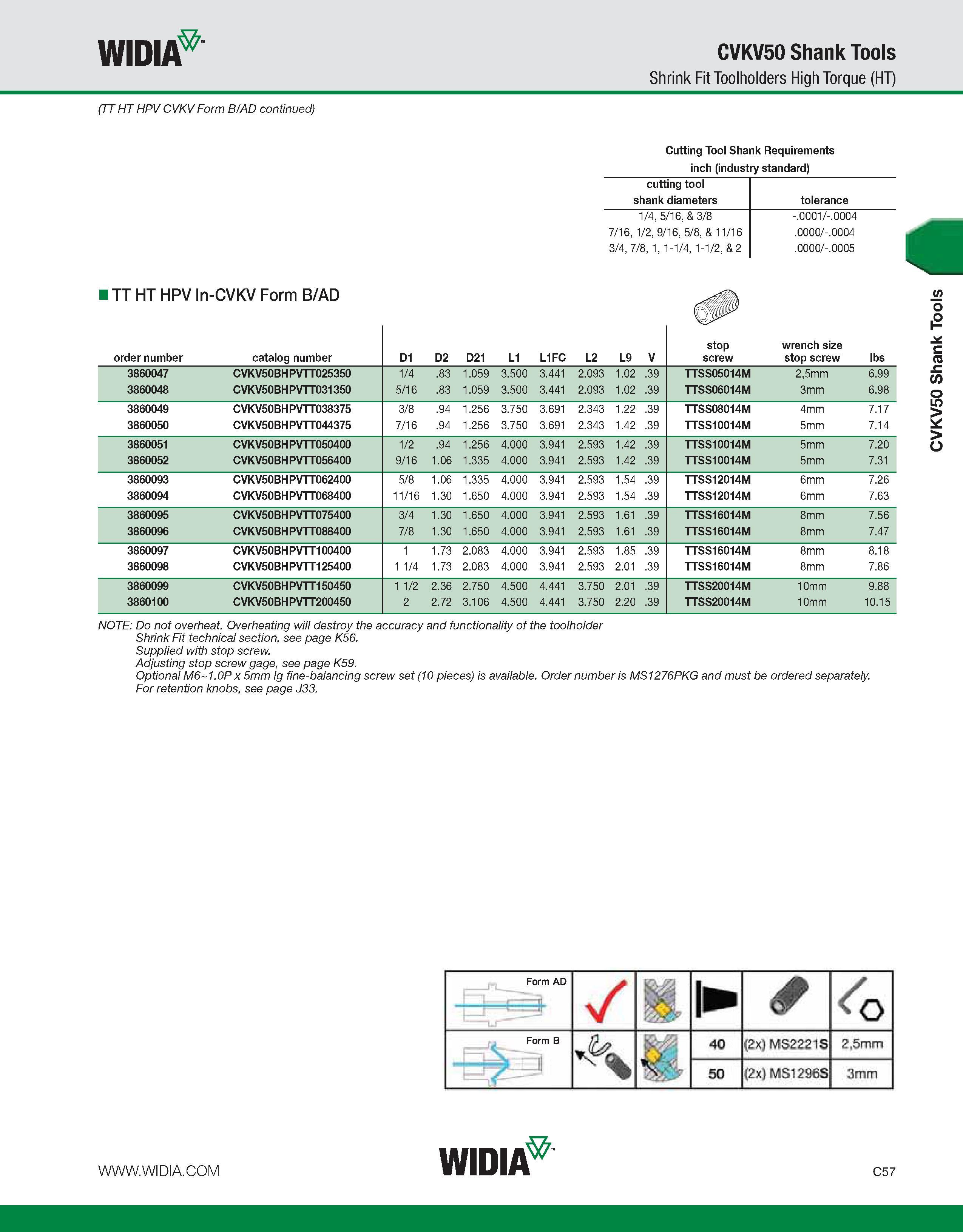 597 WIDIA CVKV50 Shank Tools Shrink Fit Toolholders High Torque (HT) (TT HT HPV CVKV Form B/AD continued) I TT HT HPV In-CVKV Form B/AD Cutting Tool Каталог WIDIA 2011 Инструментальная оснастка для металлорежущих станков Вспомогательный инструмент для оборудования Адаптеры Насадки Оправки Патроны Стр. C57 ENG