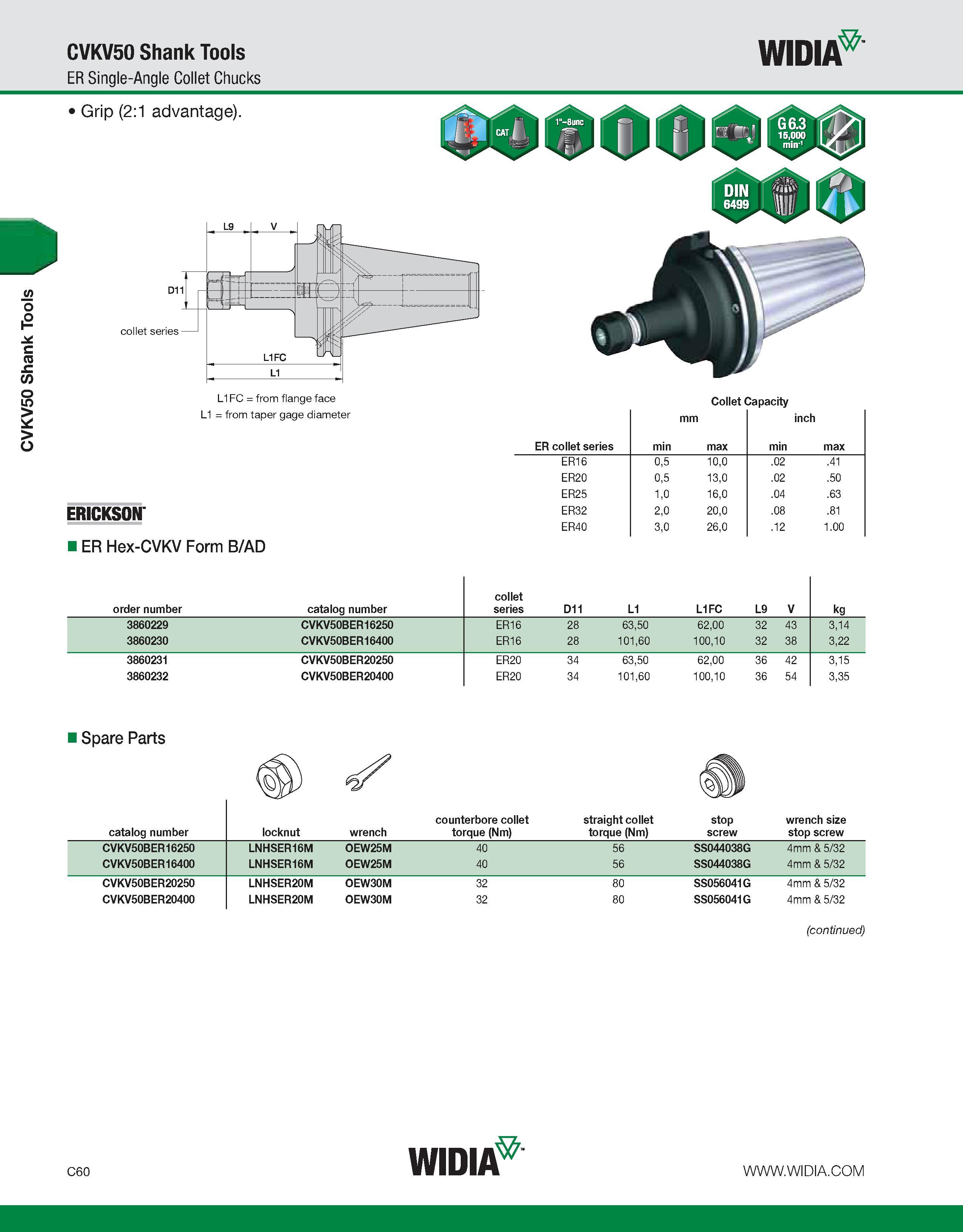 600 CVKV50 Shank Tools CVKV50 Shank Tools ER Single-Angle Collet Chucks WIDIA Grip (2:1 advantage) L1FC = from flange face Collet Capacity L1 = from Каталог WIDIA 2011 Инструментальная оснастка для металлорежущих станков Вспомогательный инструмент для оборудования Адаптеры Насадки Оправки Патроны Стр. C60 ENG