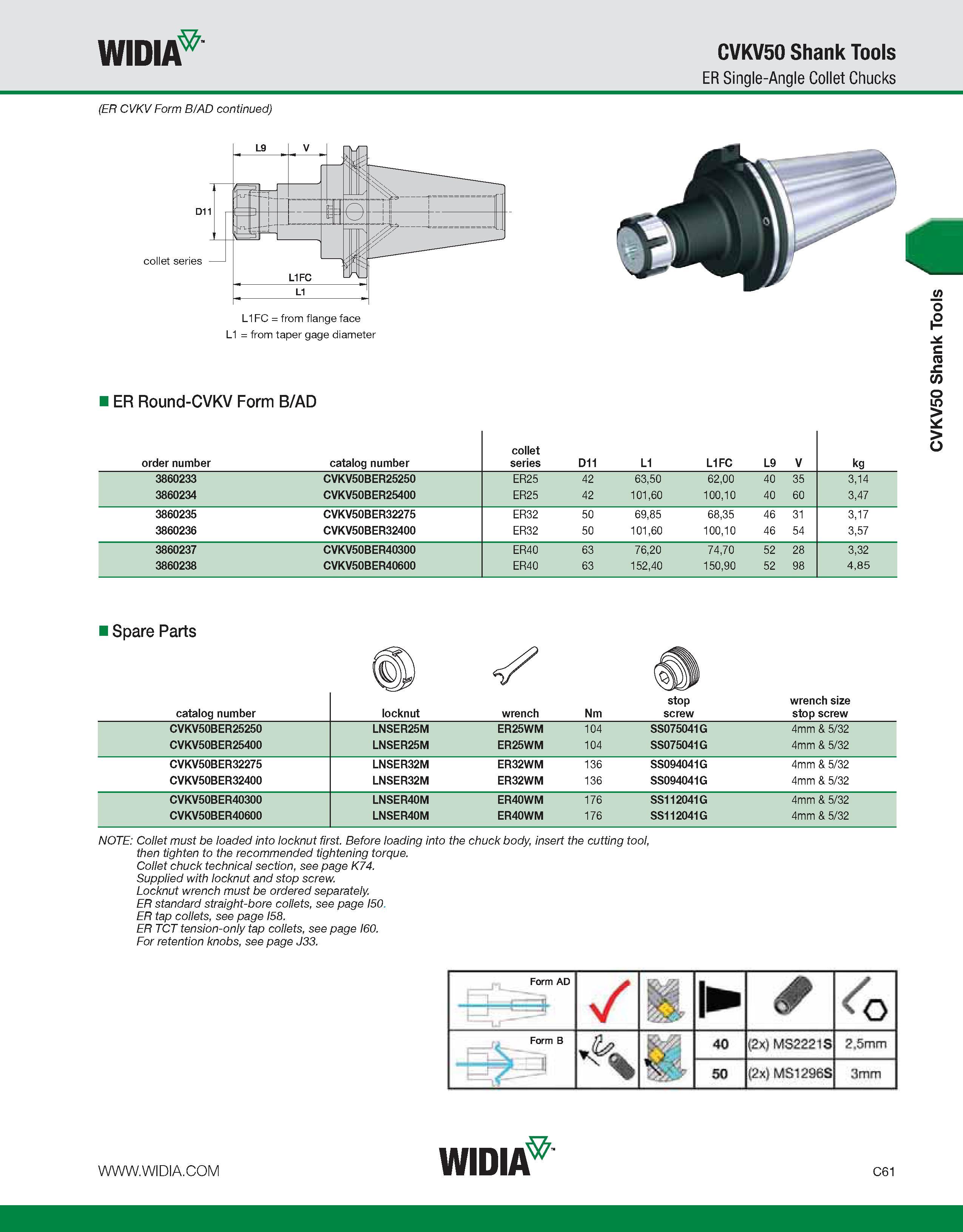 601 WIDIA CVKV50 Shank Tools ER Single-Angle Collet Chucks (ER CVKV Form B/AD continued) L1FC = from flange face L1 = from taper gage diameter ER Rou Каталог WIDIA 2011 Инструментальная оснастка для металлорежущих станков Вспомогательный инструмент для оборудования Адаптеры Насадки Оправки Патроны Стр. C61 ENG