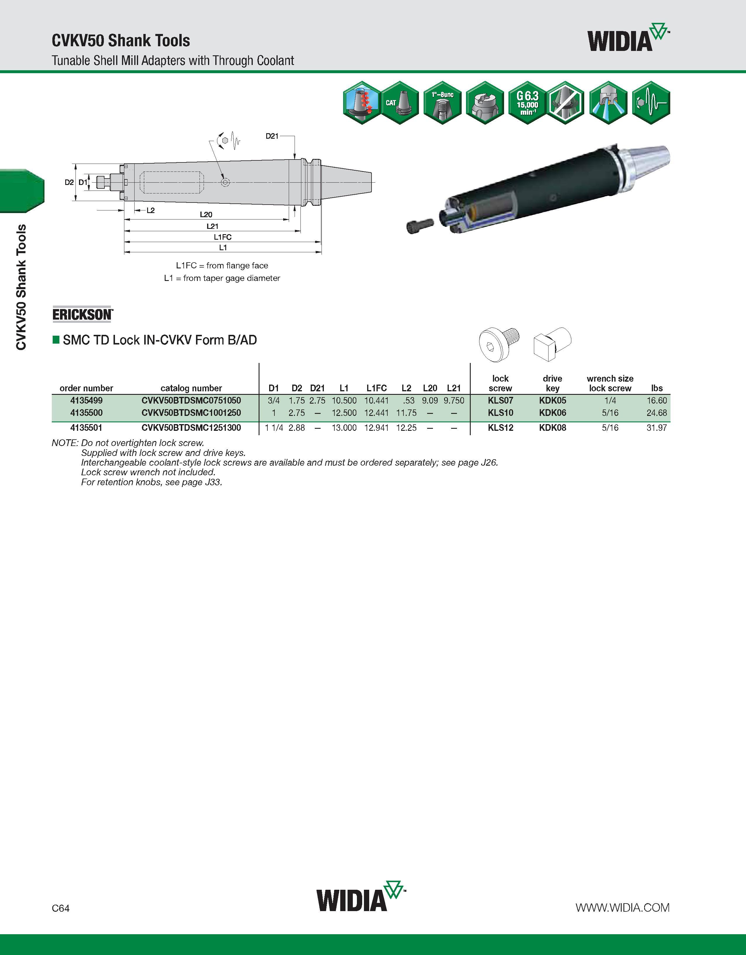 604 CVKV50 Shank Tools CVKV50 Shank Tools Tunable Shell Mill Adapters with Through Coolant WIDIA L1FC = from flange face L1 = from taper gage diamete Каталог WIDIA 2011 Инструментальная оснастка для металлорежущих станков Вспомогательный инструмент для оборудования Адаптеры Насадки Оправки Патроны Стр. C64 ENG