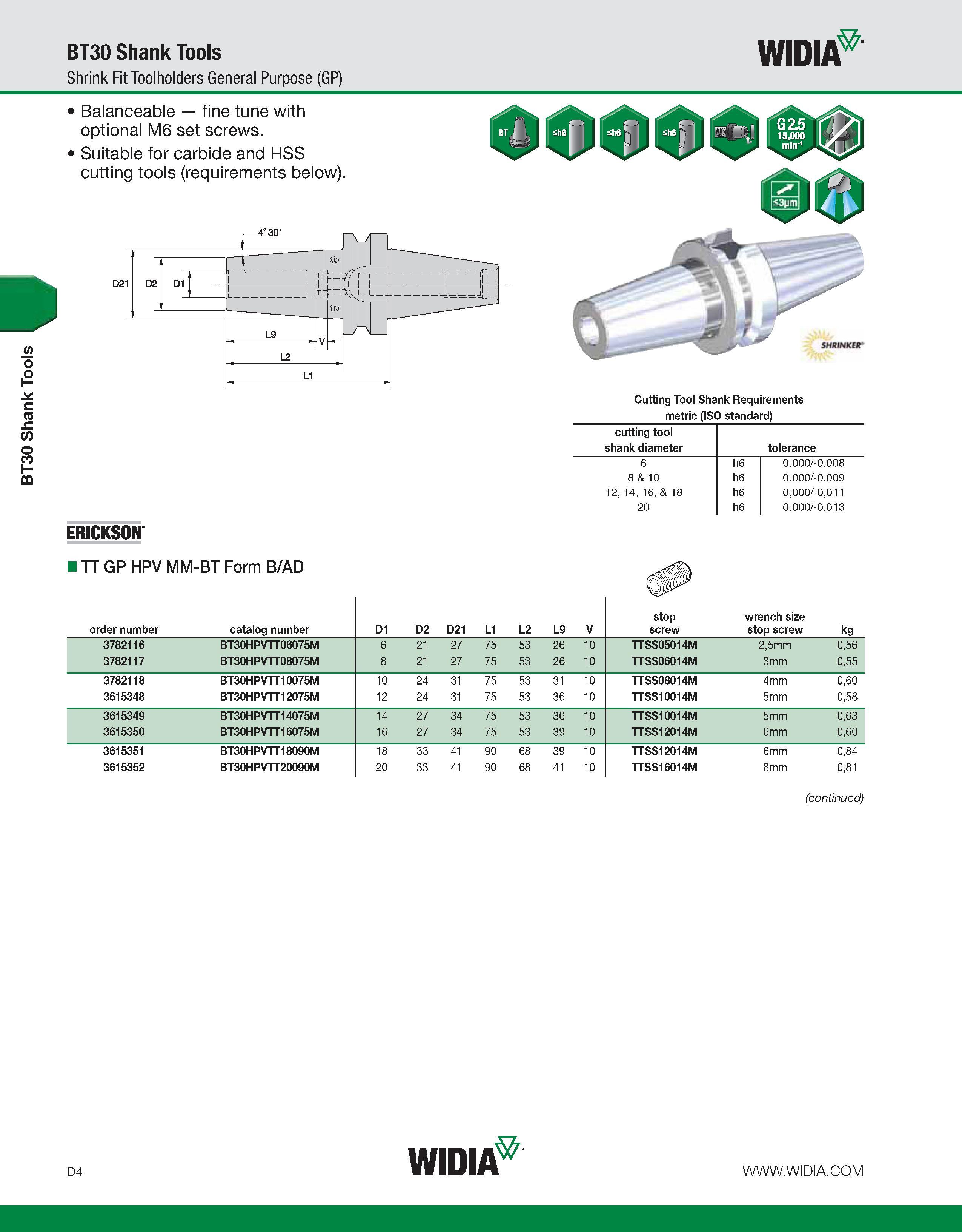 612 BT30 Shank Tools BT30 Shank Tools Shrink Fit Toolholders General Purpose (GP) WIDIA Balanceable fine tune with optional M6 set screws Suitable fo Каталог WIDIA 2011 Инструментальная оснастка для металлорежущих станков Вспомогательный инструмент для оборудования Адаптеры Насадки Оправки Патроны Стр. D4 ENG