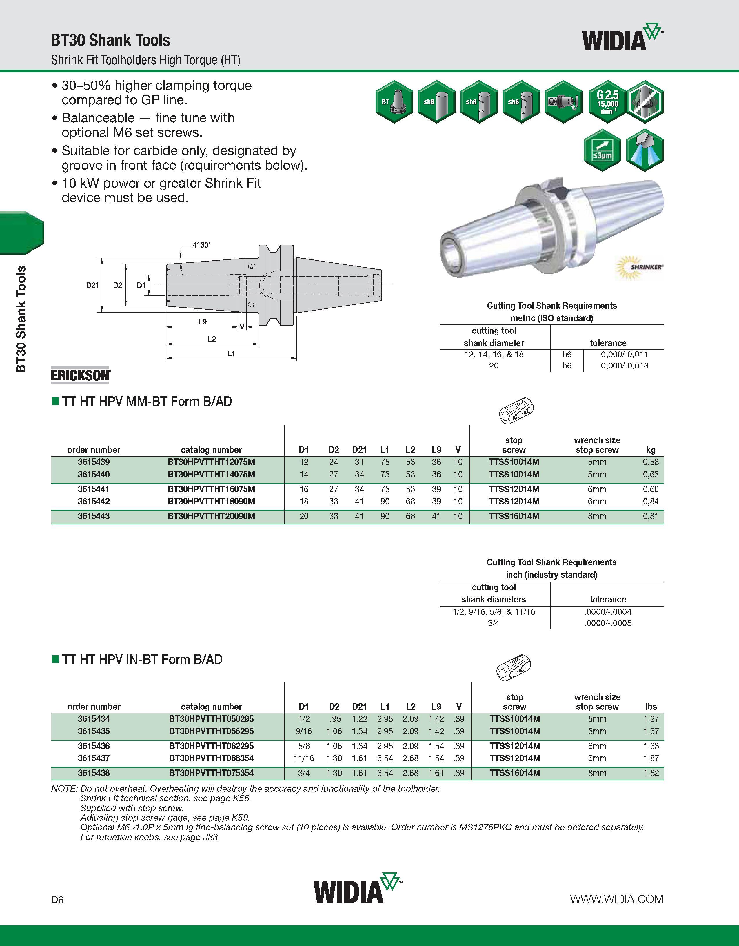 614 BT30 Shank Tools BT30 Shank Tools Shrink Fit Toolholders High Torque (HT) WIDIA 30-50% higher clamping torque compared to GP line Balanceable fin Каталог WIDIA 2011 Инструментальная оснастка для металлорежущих станков Вспомогательный инструмент для оборудования Адаптеры Насадки Оправки Патроны Стр. D6 ENG
