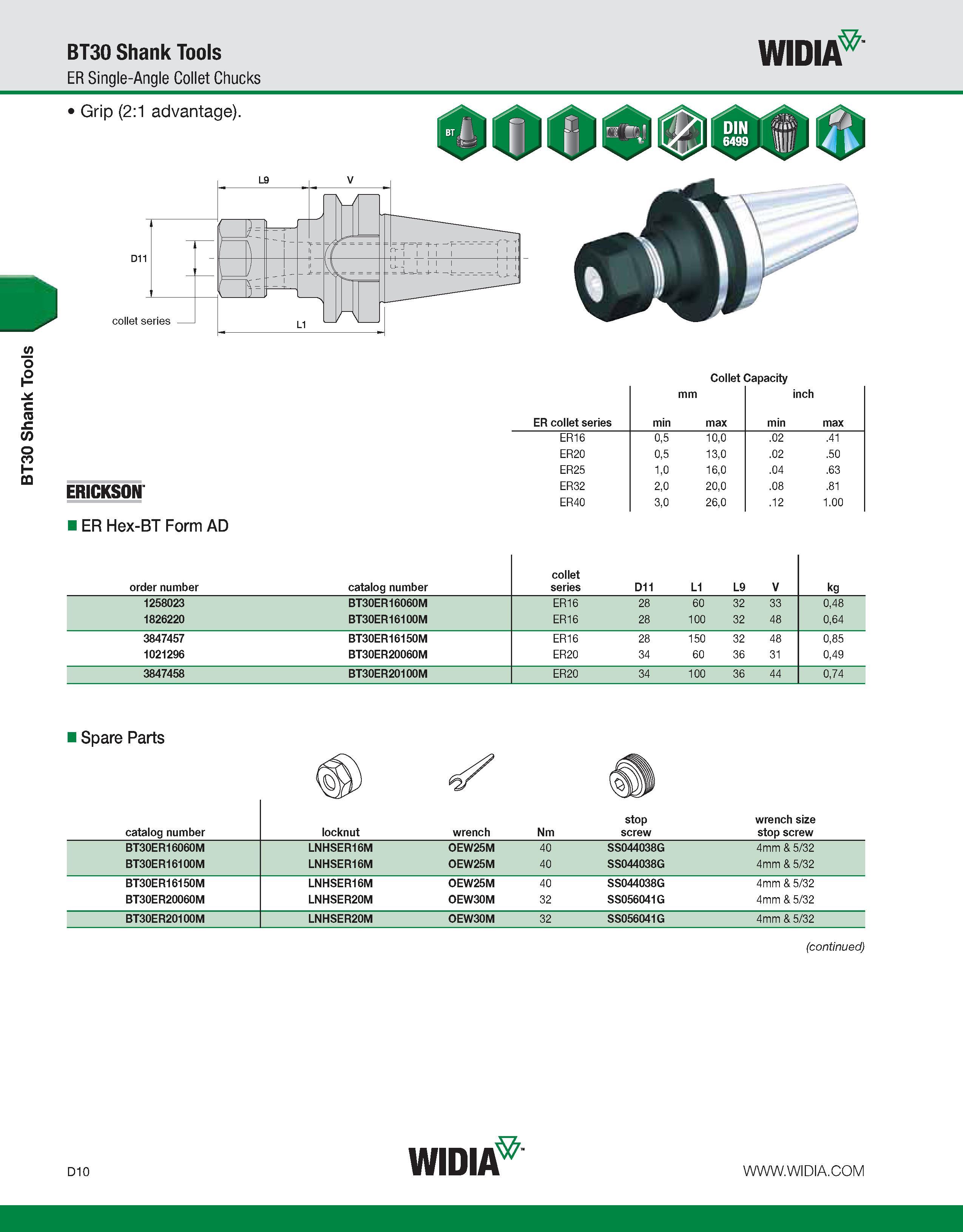 618 BT30 Shank Tools BT30 Shank Tools ER Single-Angle Collet Chucks WIDIA Grip (2:1 advantage) Collet Capacity mm inch ER collet series min max min m Каталог WIDIA 2011 Инструментальная оснастка для металлорежущих станков Вспомогательный инструмент для оборудования Адаптеры Насадки Оправки Патроны Стр. D10 ENG