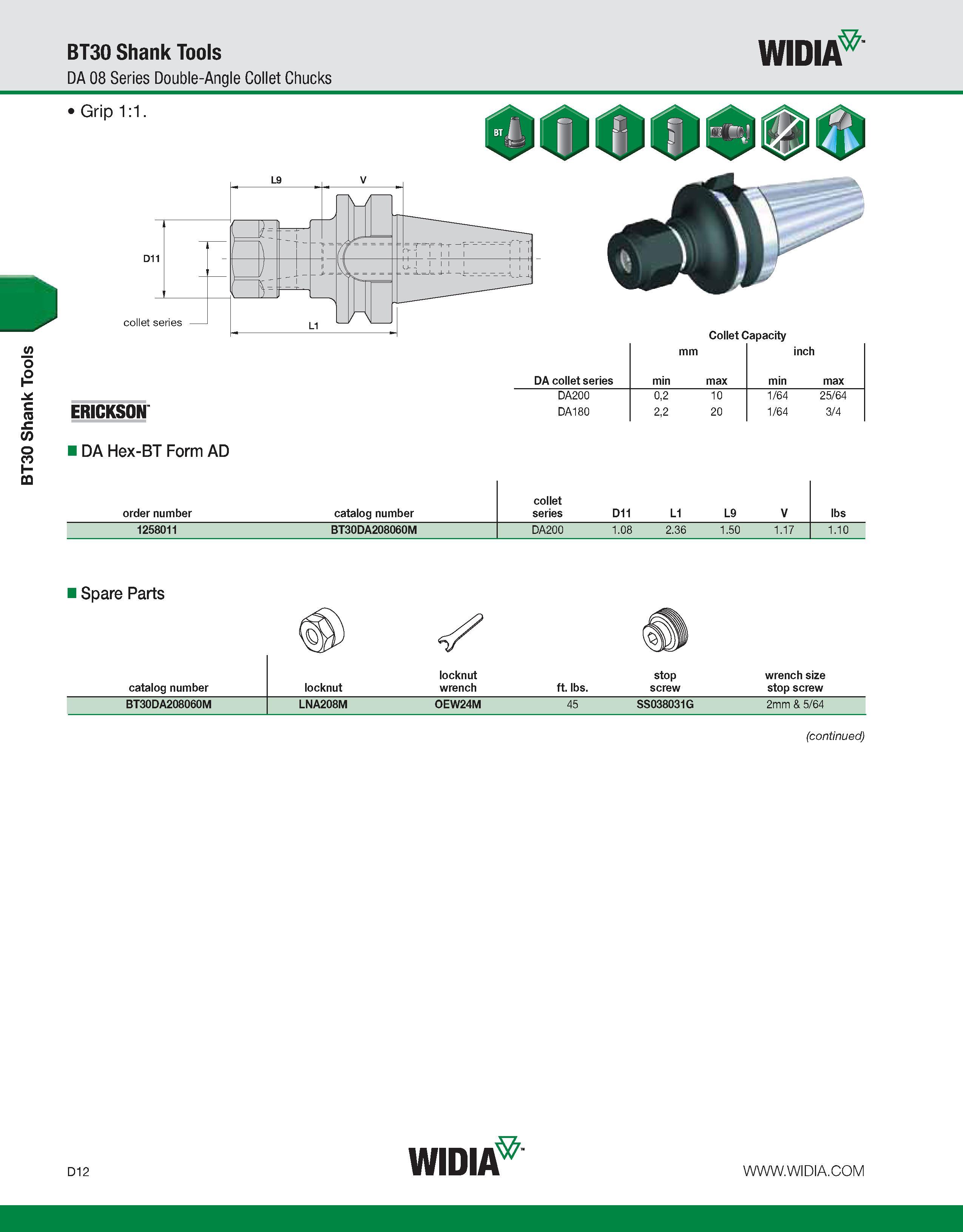 620 BT30 Shank Tools BT30 Shank Tools DA 08 Series Double-Angle Collet Chucks WIDIA Grip 1:1 ERICKSON DA Hex-BT Form AD 000 Collet Capacity mm inch D Каталог WIDIA 2011 Инструментальная оснастка для металлорежущих станков Вспомогательный инструмент для оборудования Адаптеры Насадки Оправки Патроны Стр. D12 ENG