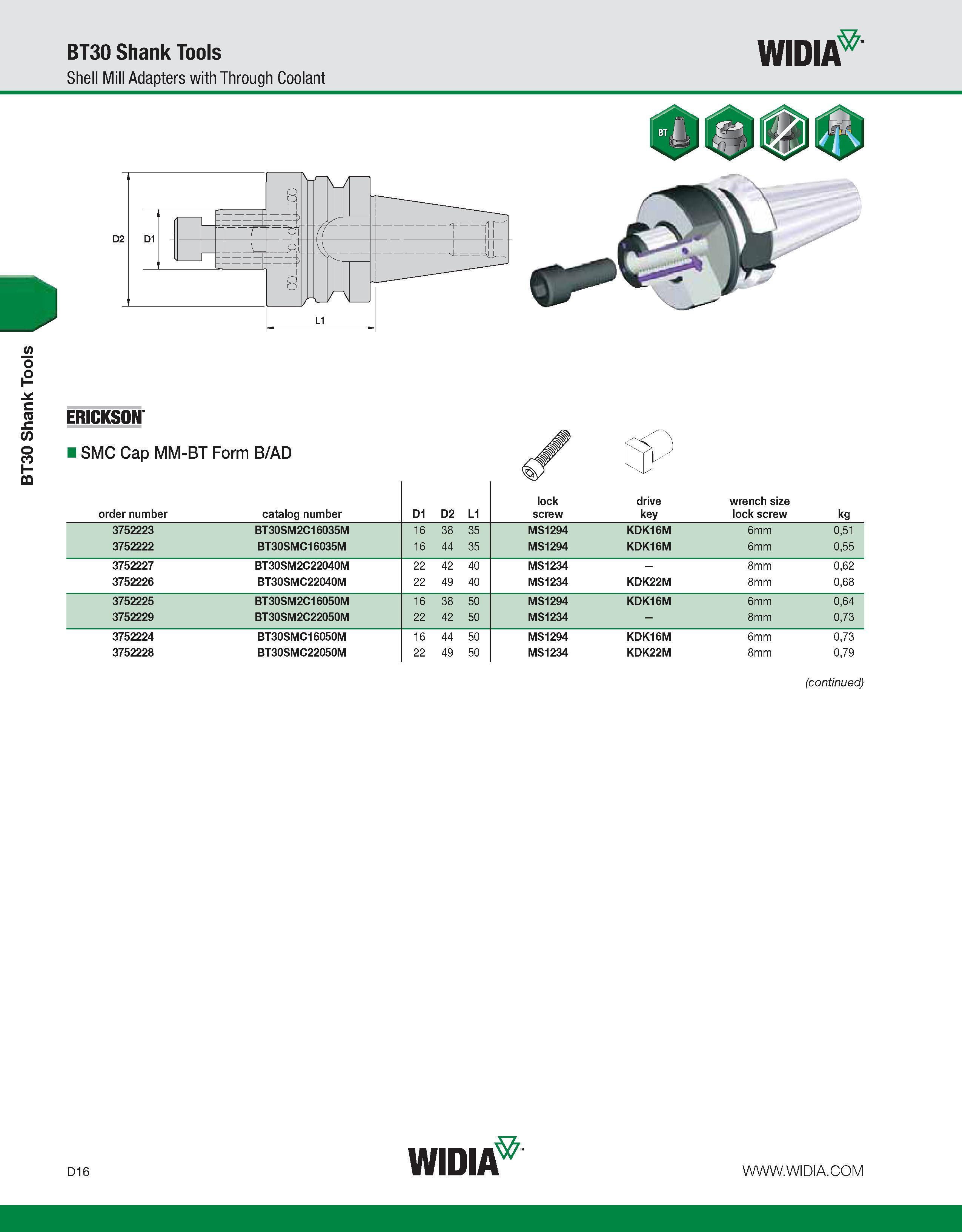 624 BT30 Shank Tools BT30 Shank Tools WIDIA Shell Mill Adapters with Through Coolant ERICKSON SMC Cap MM-BT Form B/AD order number catalog number D1 Каталог WIDIA 2011 Инструментальная оснастка для металлорежущих станков Вспомогательный инструмент для оборудования Адаптеры Насадки Оправки Патроны Стр. D16 ENG