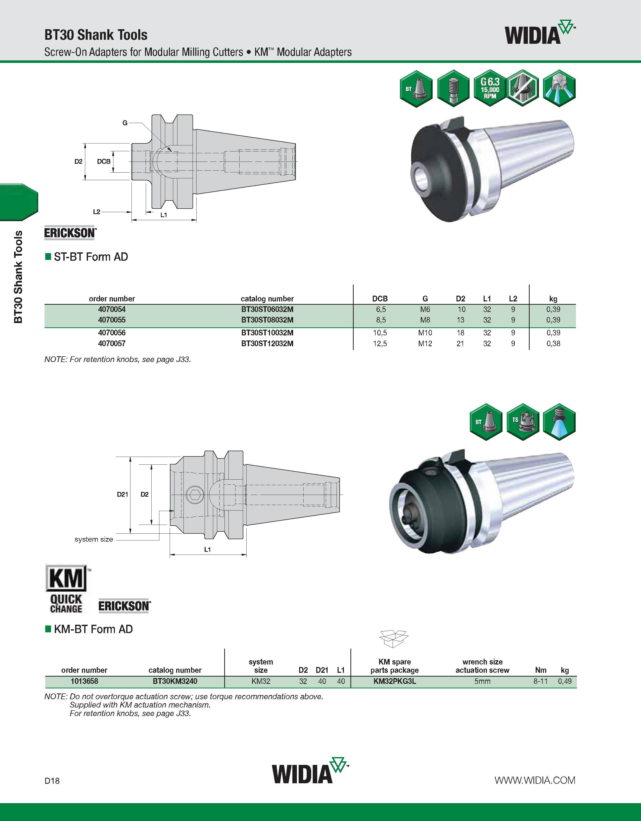 626 BT30 Shank Tools BT30 Shank Tools Screw-On Adapters for Modular Milling Cutters KM Modular Adapters WIDIA ERICKSON IST-BT Form AD order number ca Каталог WIDIA 2011 Инструментальная оснастка для металлорежущих станков Вспомогательный инструмент для оборудования Адаптеры Насадки Оправки Патроны Стр. D18 ENG