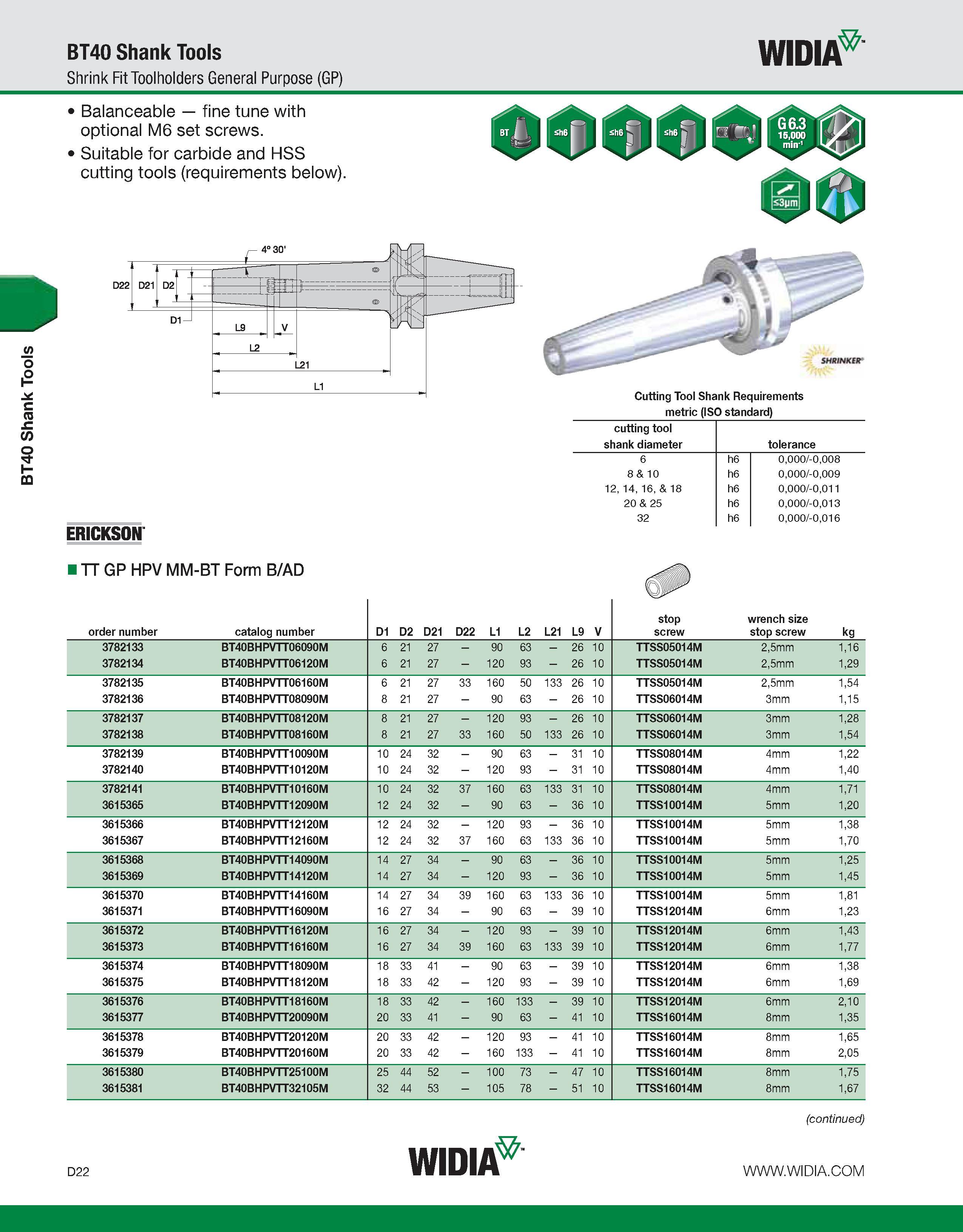 630 BT40 Shank Tools BT40 Shank Tools Shrink Fit Toolholders General Purpose (GP) WIDIA Balanceable fine tune with optional M6 set screws Suitable fo Каталог WIDIA 2011 Инструментальная оснастка для металлорежущих станков Вспомогательный инструмент для оборудования Адаптеры Насадки Оправки Патроны Стр. D22 ENG