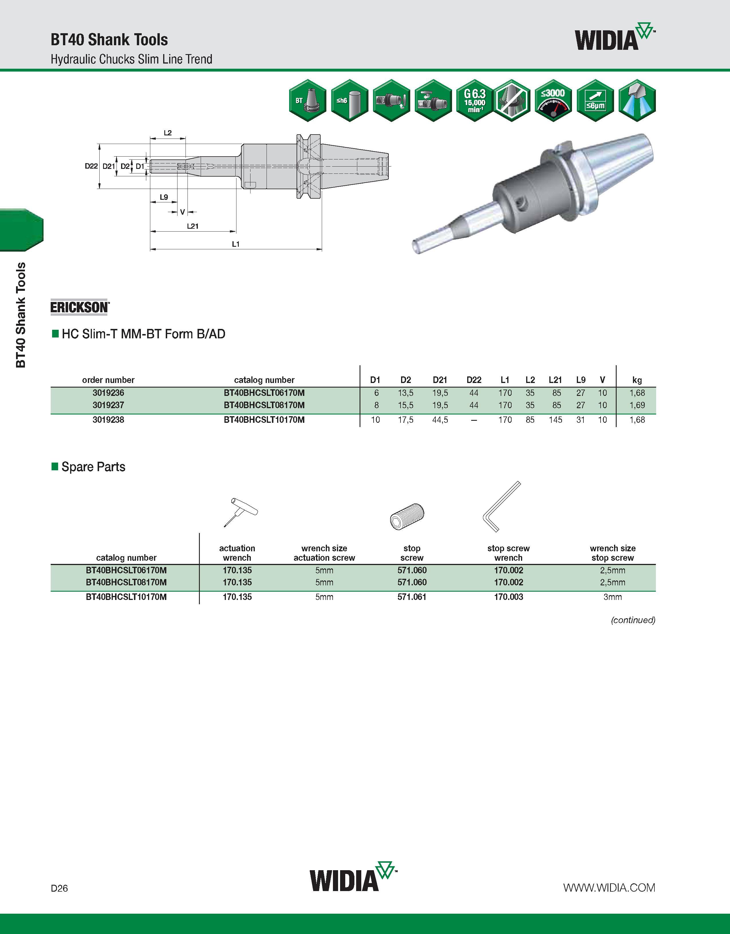 634 BT40 Shank Tools BT40 Shank Tools Hydraulic Chucks Slim Line Trend WIDIA ERICKSON HC Slim-T MM-BT Form B/AD order number catalog number D1 D2 D21 Каталог WIDIA 2011 Инструментальная оснастка для металлорежущих станков Вспомогательный инструмент для оборудования Адаптеры Насадки Оправки Патроны Стр. D26 ENG