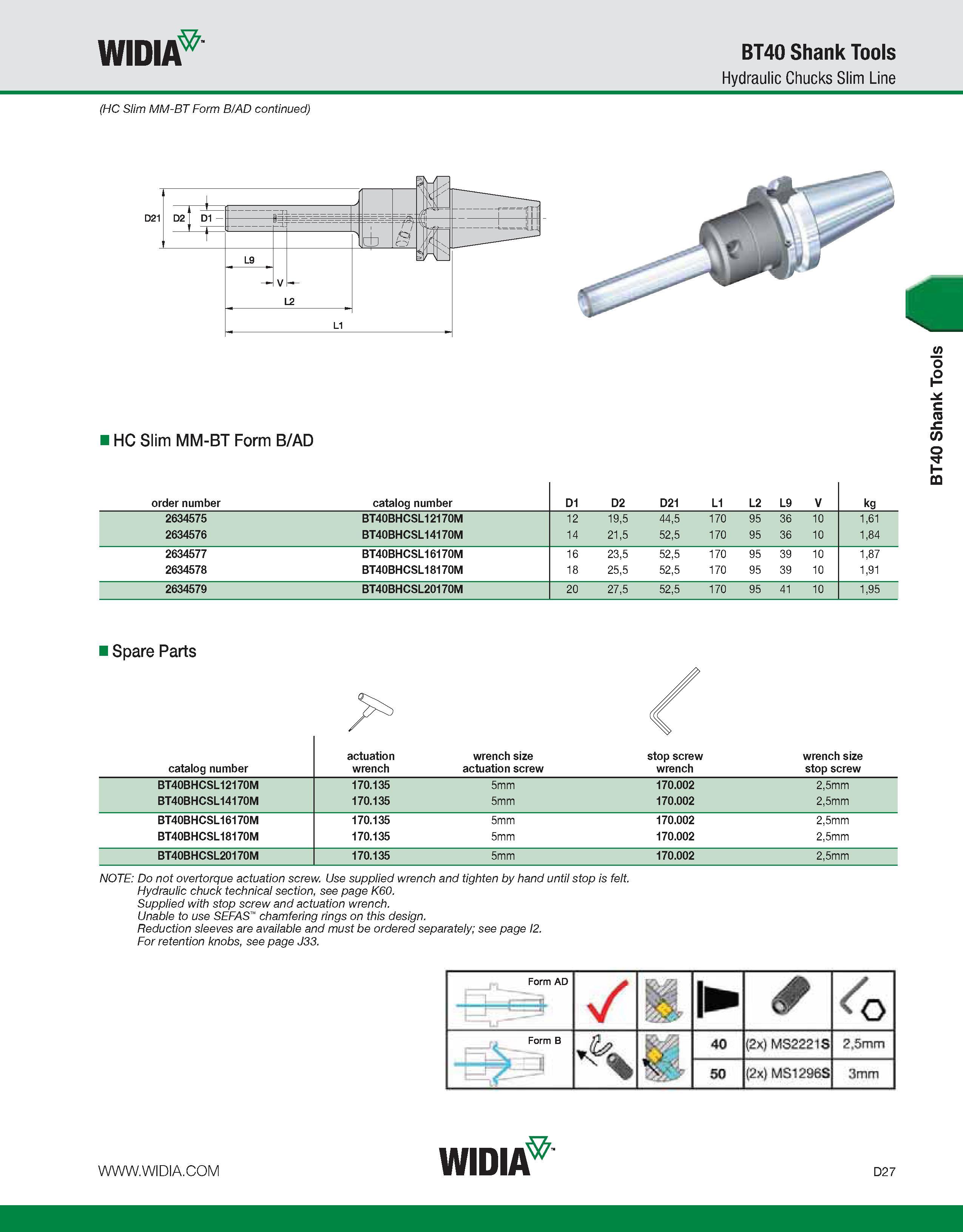 635 WIDIA BT40 Shank Tools Hydraulic Chucks Slim Line (HC Slim MM-BT Form B/AD continued) HC Slim MM-BT Form B/AD order number catalog number D1 D2 D Каталог WIDIA 2011 Инструментальная оснастка для металлорежущих станков Вспомогательный инструмент для оборудования Адаптеры Насадки Оправки Патроны Стр. D27 ENG