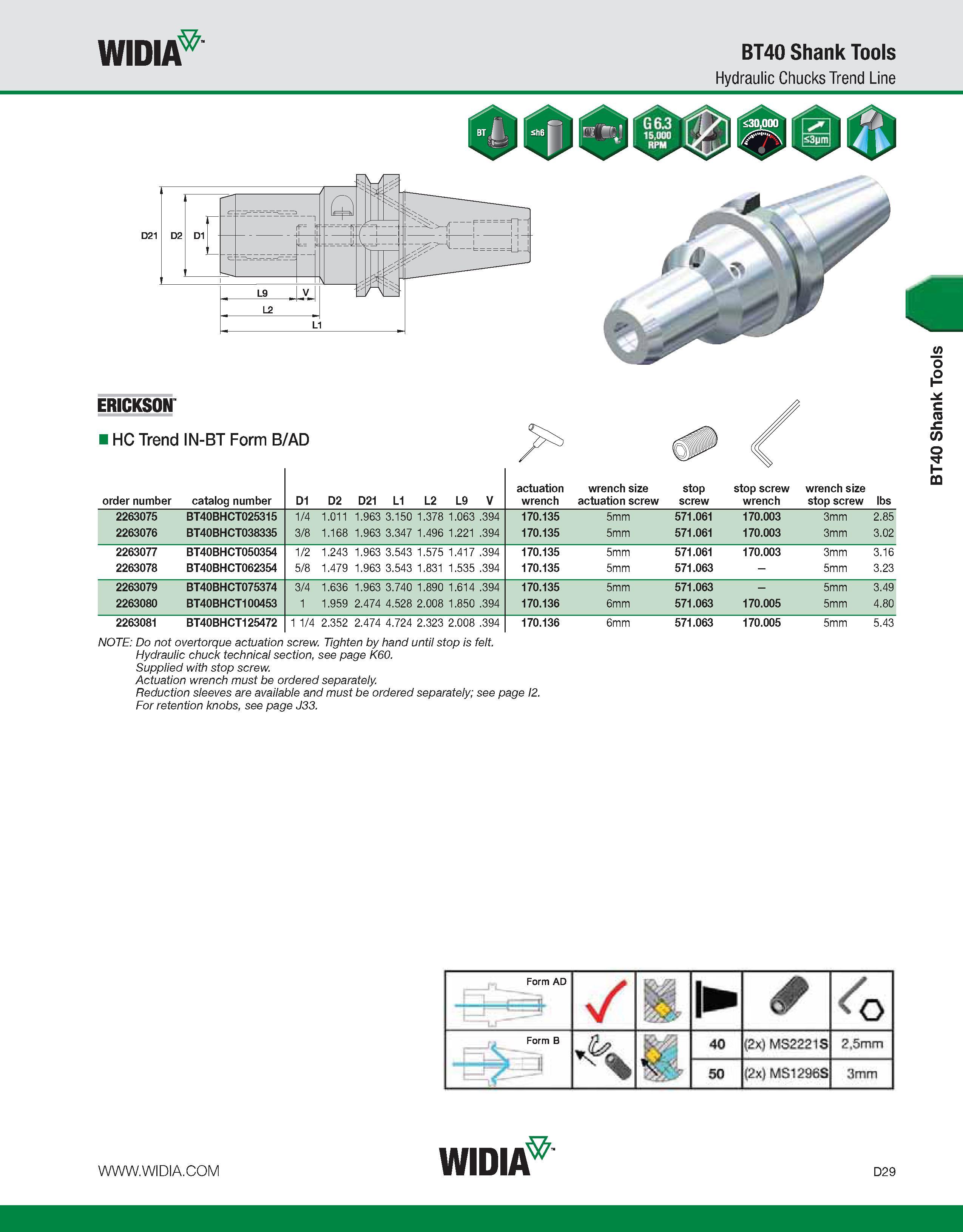 637 WIDIA BT40 Shank Tools Hydraulic Chucks Trend Line ERICKSON I HC Trend IN-BT Form B/AD order number catalog number D1 D2 D21 L1 L2 L9 V actuation Каталог WIDIA 2011 Инструментальная оснастка для металлорежущих станков Вспомогательный инструмент для оборудования Адаптеры Насадки Оправки Патроны Стр. D29 ENG