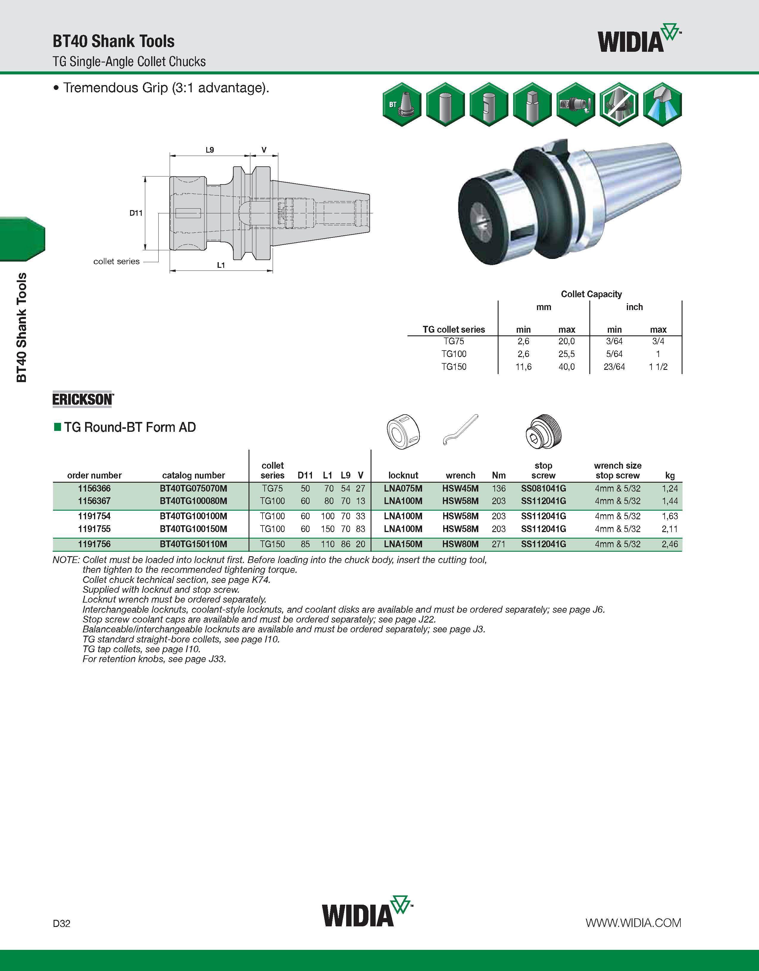 640 BT40 Shank Tools BT40 Shank Tools TG Single-Angle Collet Chucks WIDIA Collet Capacity TG collet series mm min max inch min max TG75 2,6 20,0 3/64 Каталог WIDIA 2011 Инструментальная оснастка для металлорежущих станков Вспомогательный инструмент для оборудования Адаптеры Насадки Оправки Патроны Стр. D32 ENG