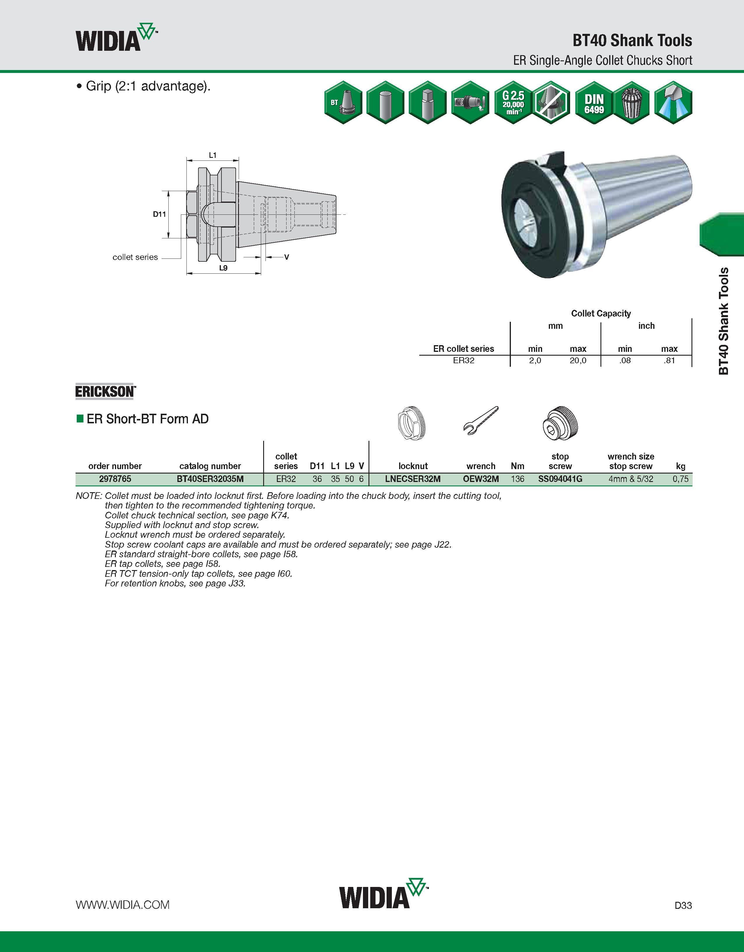 641 WIDIA BT40 Shank Tools ER Single-Angle Collet Chucks Short Grip (2:1 advantage) mm inch ER collet series min max min max ER32 2,0 20,0 08 81 ERIC Каталог WIDIA 2011 Инструментальная оснастка для металлорежущих станков Вспомогательный инструмент для оборудования Адаптеры Насадки Оправки Патроны Стр. D33 ENG