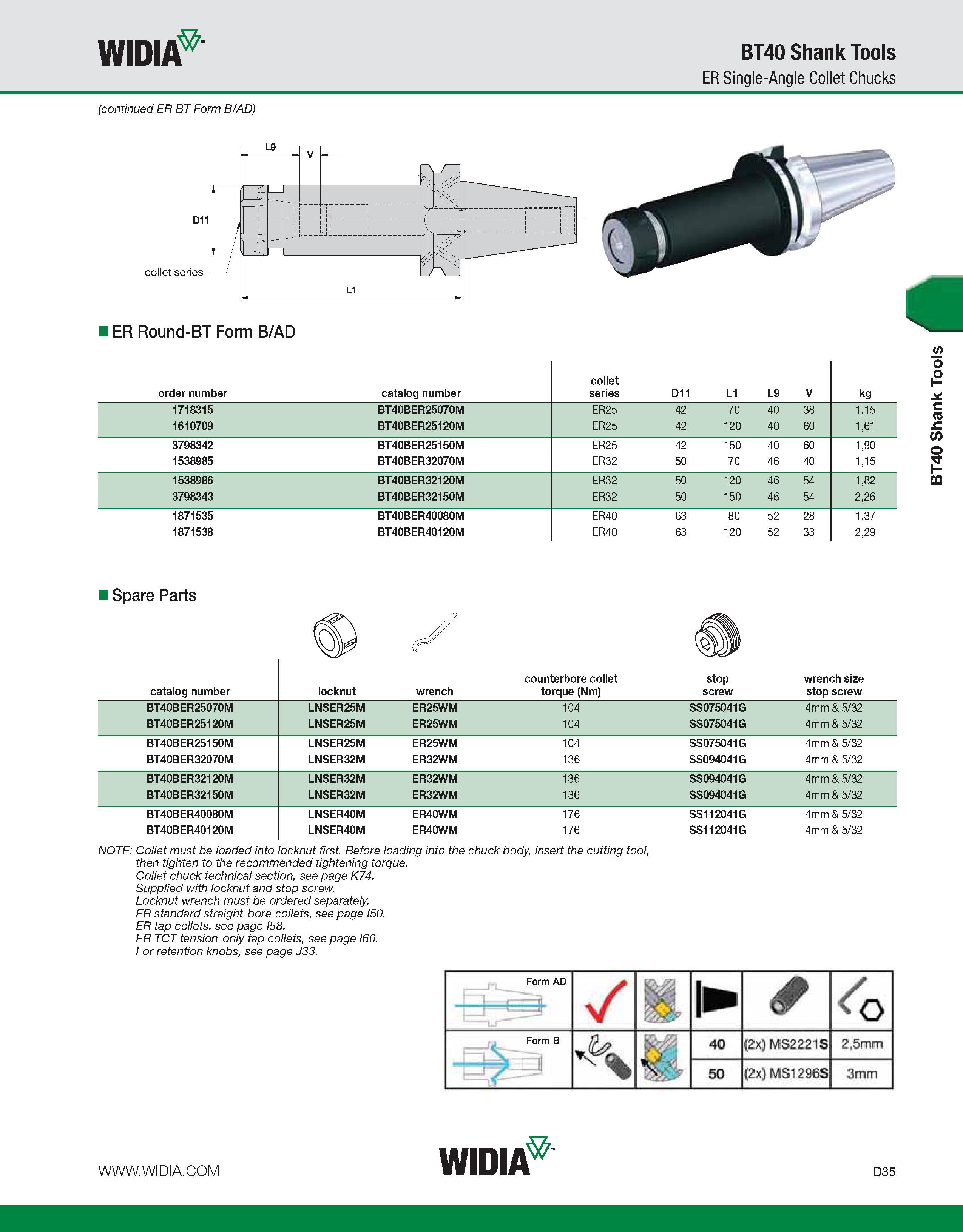 643 WIDIA BT40 Shank Tools ER Single-Angle Collet Chucks (continued ER BT Form B/AD) order number catalog number collet series D11 L1 L9 V kg 1718315 Каталог WIDIA 2011 Инструментальная оснастка для металлорежущих станков Вспомогательный инструмент для оборудования Адаптеры Насадки Оправки Патроны Стр. D35 ENG