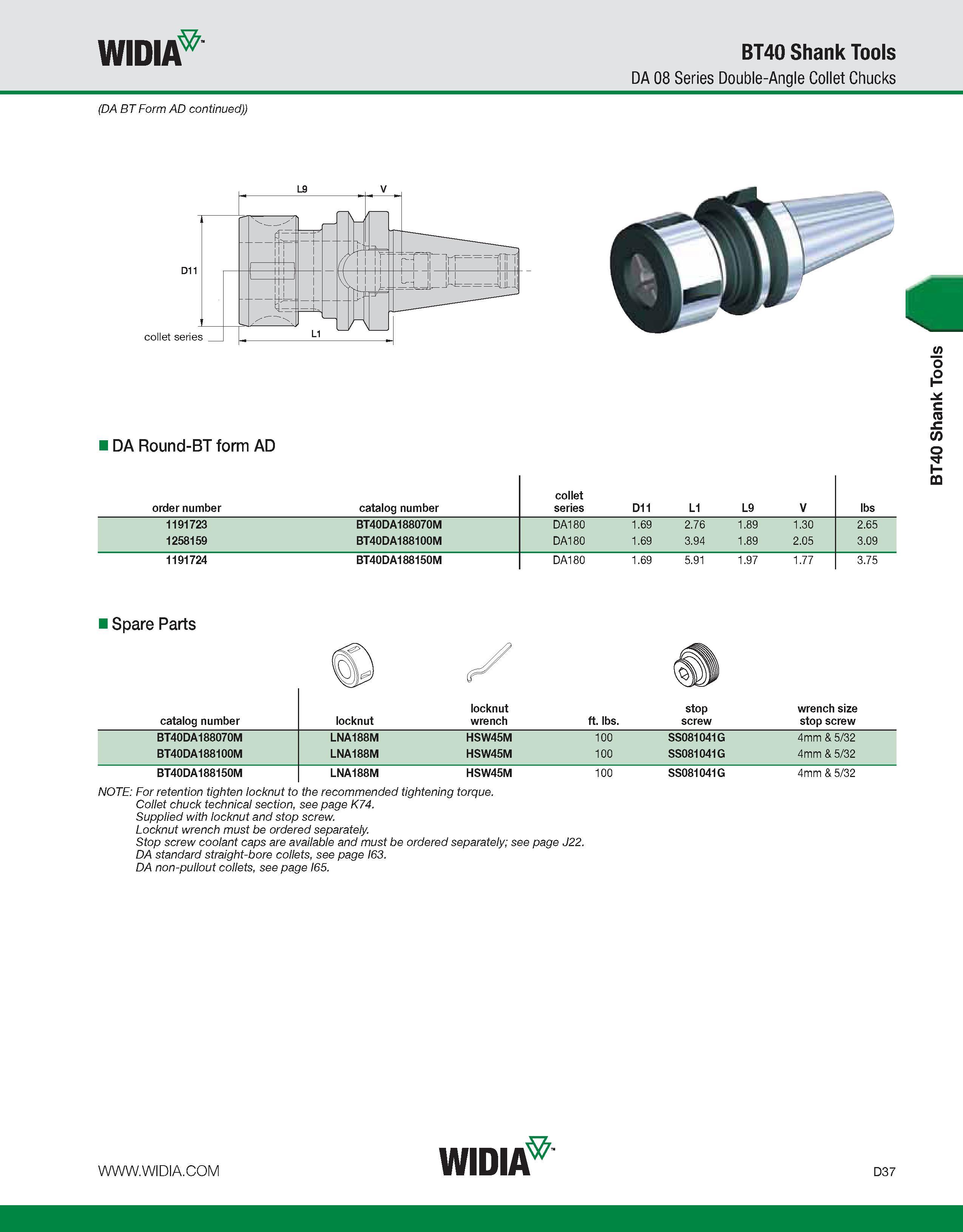 645 WIDIA BT40 Shank Tools DA 08 Series Double-Angle Collet Chucks (DA BT Form AD continued)) DA Round-BT form AD order number catalog number collet Каталог WIDIA 2011 Инструментальная оснастка для металлорежущих станков Вспомогательный инструмент для оборудования Адаптеры Насадки Оправки Патроны Стр. D37 ENG