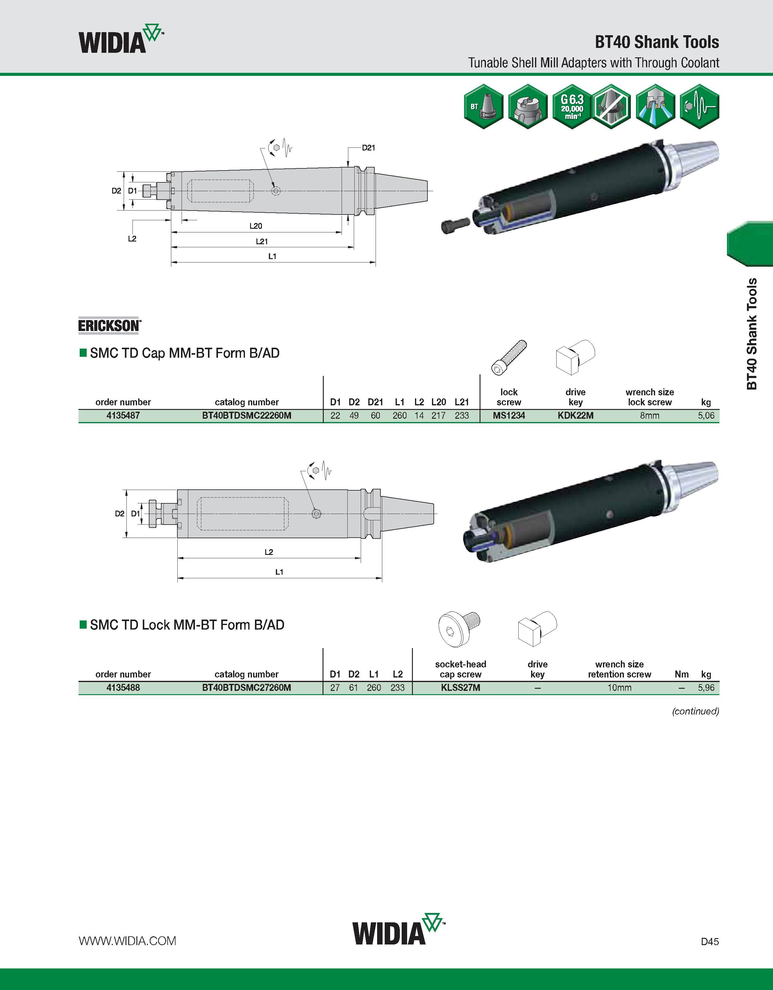 653 WIDIA BT40 Shank Tools Tunable Shell Mill Adapters with Through Coolant ERICKSON I SMC TD Cap MM-BT Form B/AD order number catalog number D1 D2 D Каталог WIDIA 2011 Инструментальная оснастка для металлорежущих станков Вспомогательный инструмент для оборудования Адаптеры Насадки Оправки Патроны Стр. D45 ENG