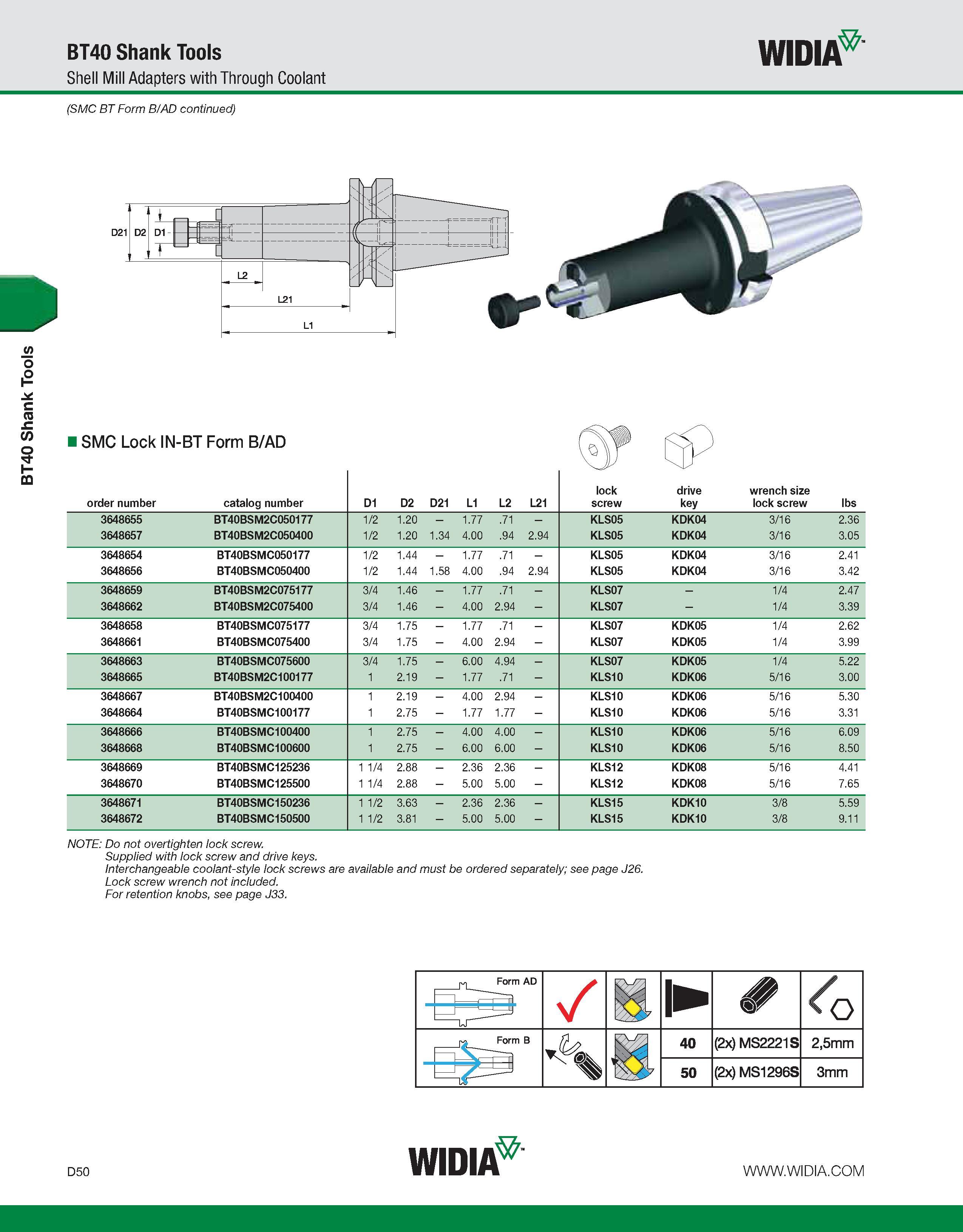 658 BT40 Shank Tools BT40 Shank Tools Shell Mill Adapters with Through Coolant WIDIA (SMC BT Form B/AD continued) order number catalog number D1 D2 D Каталог WIDIA 2011 Инструментальная оснастка для металлорежущих станков Вспомогательный инструмент для оборудования Адаптеры Насадки Оправки Патроны Стр. D50 ENG
