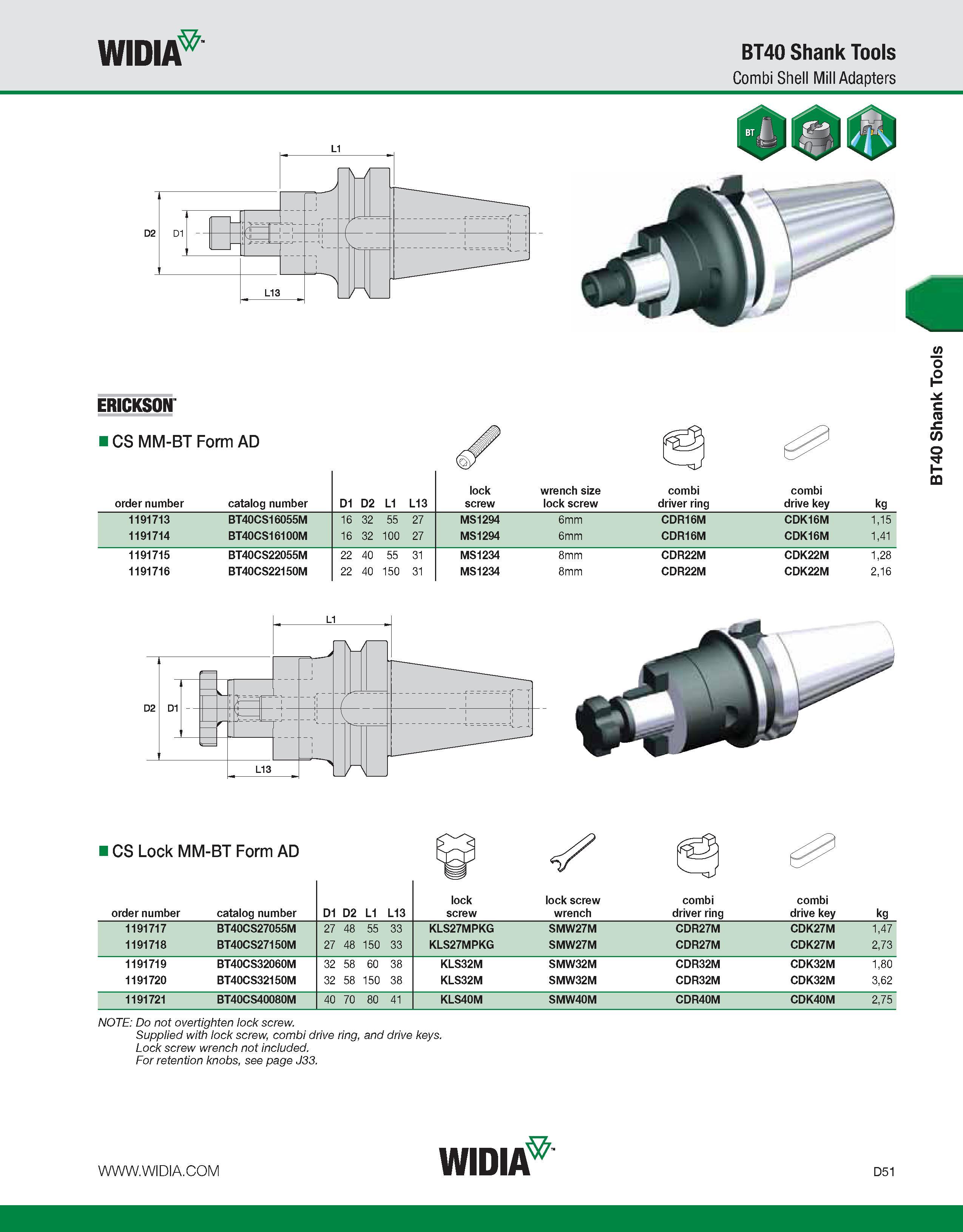 659 WIDIA BT40 Shank Tools Combi Shell Mill Adapters ERICKSON I CS MM-BT Form AD order number catalog number D1 D2 L1 L13 lock screw wrench size lock Каталог WIDIA 2011 Инструментальная оснастка для металлорежущих станков Вспомогательный инструмент для оборудования Адаптеры Насадки Оправки Патроны Стр. D51 ENG