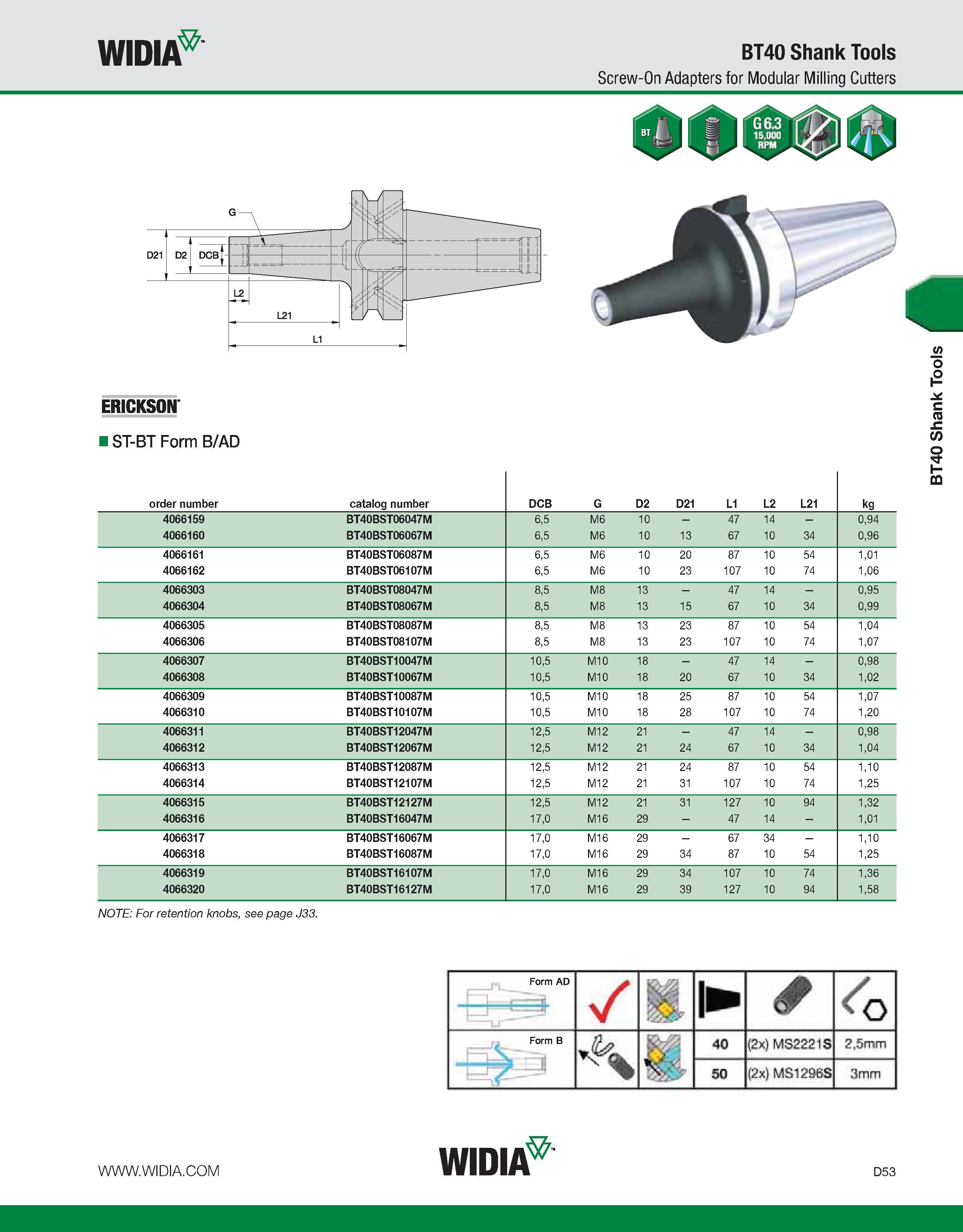 661 WIDIA BT40 Shank Tools Screw-On Adapters for Modular Milling Cutters ERICKSON IST-BT Form B/AD order number catalog number DCB G D2 D21 L1 L2 L21 Каталог WIDIA 2011 Инструментальная оснастка для металлорежущих станков Вспомогательный инструмент для оборудования Адаптеры Насадки Оправки Патроны Стр. D53 ENG