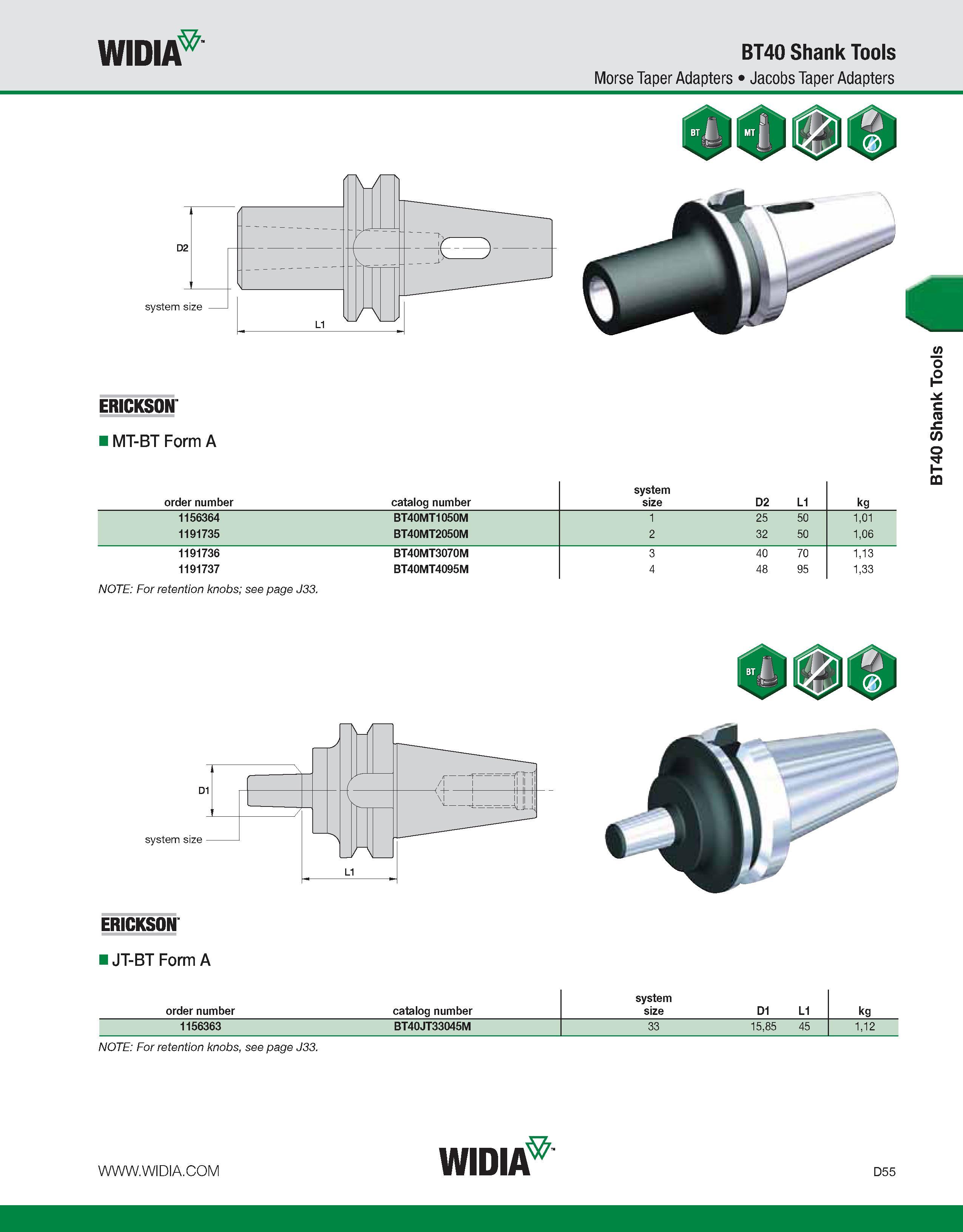 663 WIDIA BT40 Shank Tools Morse Taper Adapters Jacobs Taper Adapters system size ERICKSON MT-BT Form A order number catalog number system size D2 L1 Каталог WIDIA 2011 Инструментальная оснастка для металлорежущих станков Вспомогательный инструмент для оборудования Адаптеры Насадки Оправки Патроны Стр. D55 ENG