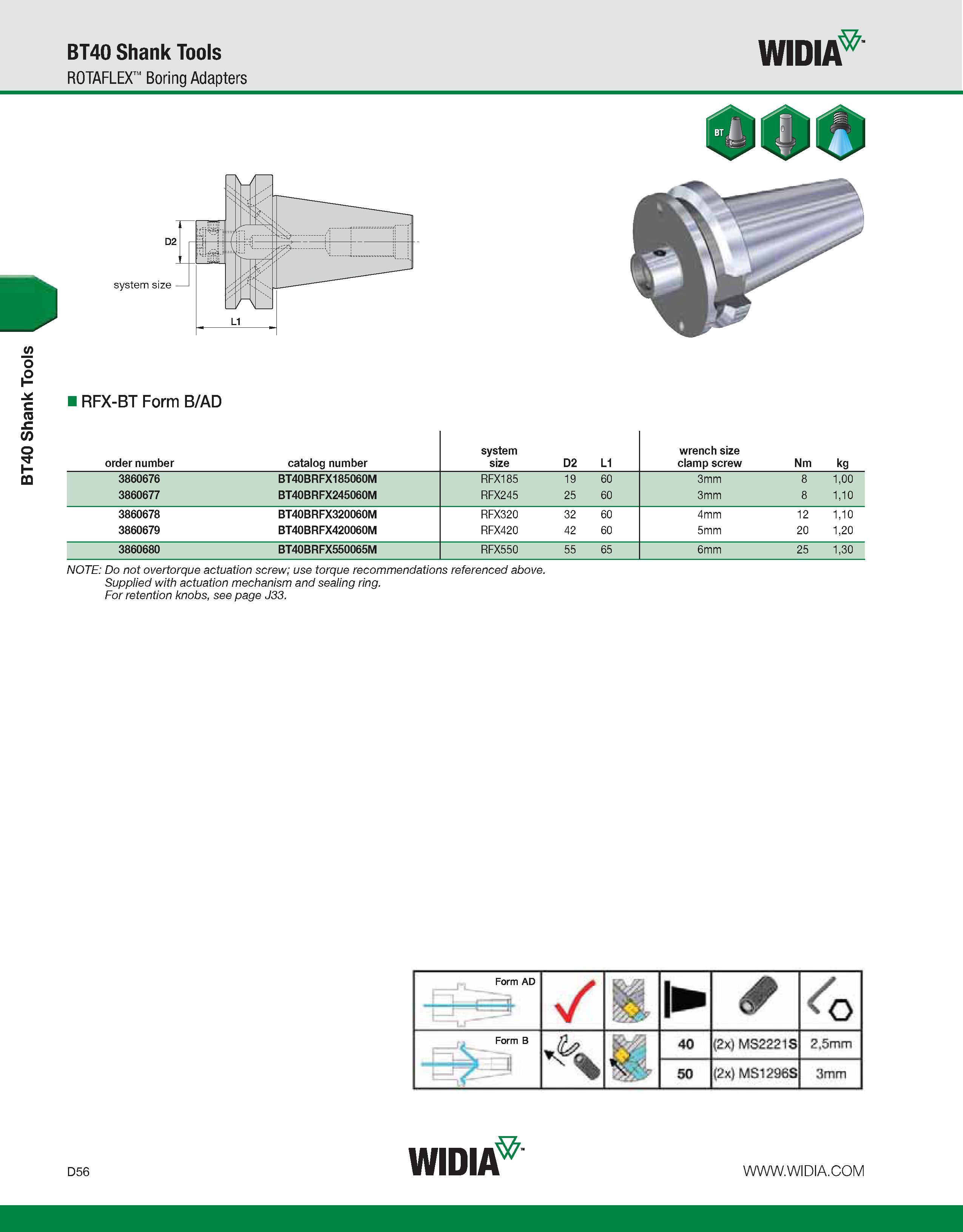 664 BT40 Shank Tools BT40 Shank Tools ROTAFLEX Boring Adapters WIDIA RFX-BT Form B/AD order number catalog number system size D2 L1 wrench size clamp Каталог WIDIA 2011 Инструментальная оснастка для металлорежущих станков Вспомогательный инструмент для оборудования Адаптеры Насадки Оправки Патроны Стр. D56 ENG
