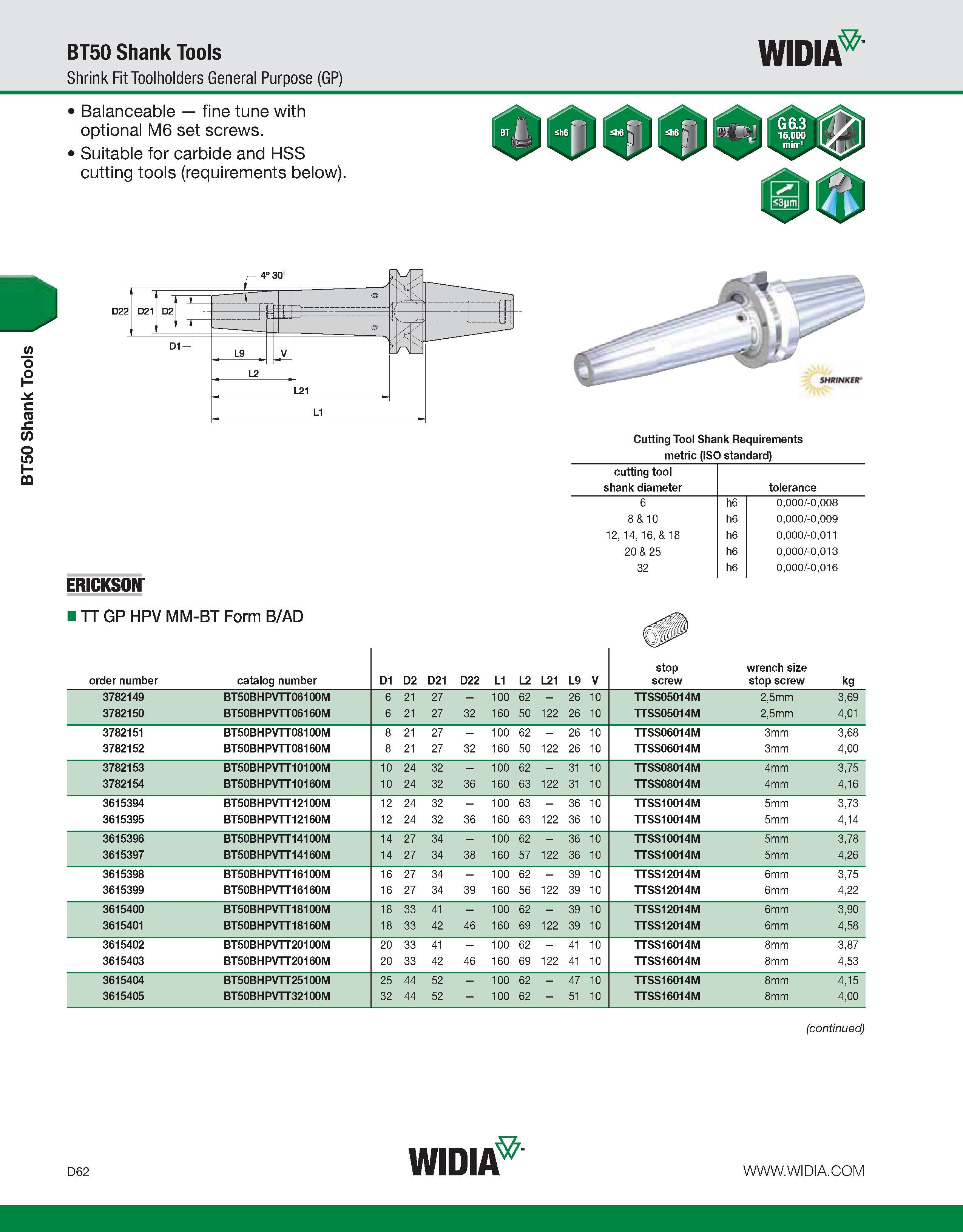 670 BT50 Shank Tools BT50 Shank Tools Shrink Fit Toolholders General Purpose (GP) WIDIA Balanceable fine tune with optional M6 set screws Suitable fo Каталог WIDIA 2011 Инструментальная оснастка для металлорежущих станков Вспомогательный инструмент для оборудования Адаптеры Насадки Оправки Патроны Стр. D62 ENG