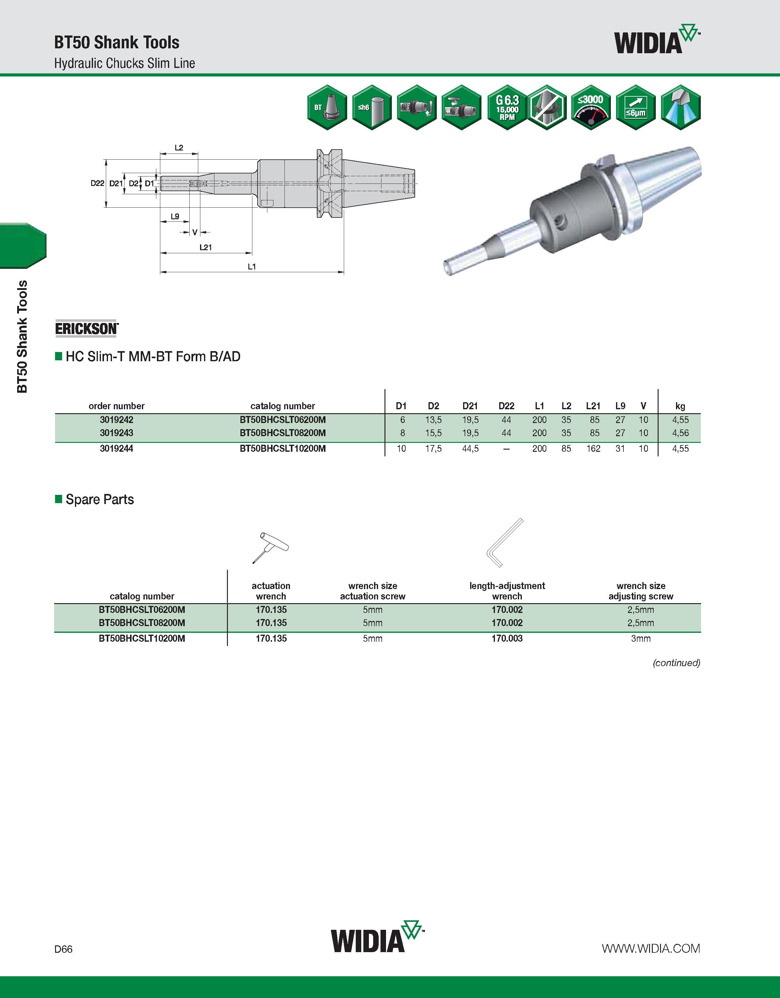 674 BT50 Shank Tools BT50 Shank Tools Hydraulic Chucks Slim Line WIDIA ERICKSON HC Slim-T MM-BT Form B/AD order number catalog number D1 D2 D21 D22 L Каталог WIDIA 2011 Инструментальная оснастка для металлорежущих станков Вспомогательный инструмент для оборудования Адаптеры Насадки Оправки Патроны Стр. D66 ENG