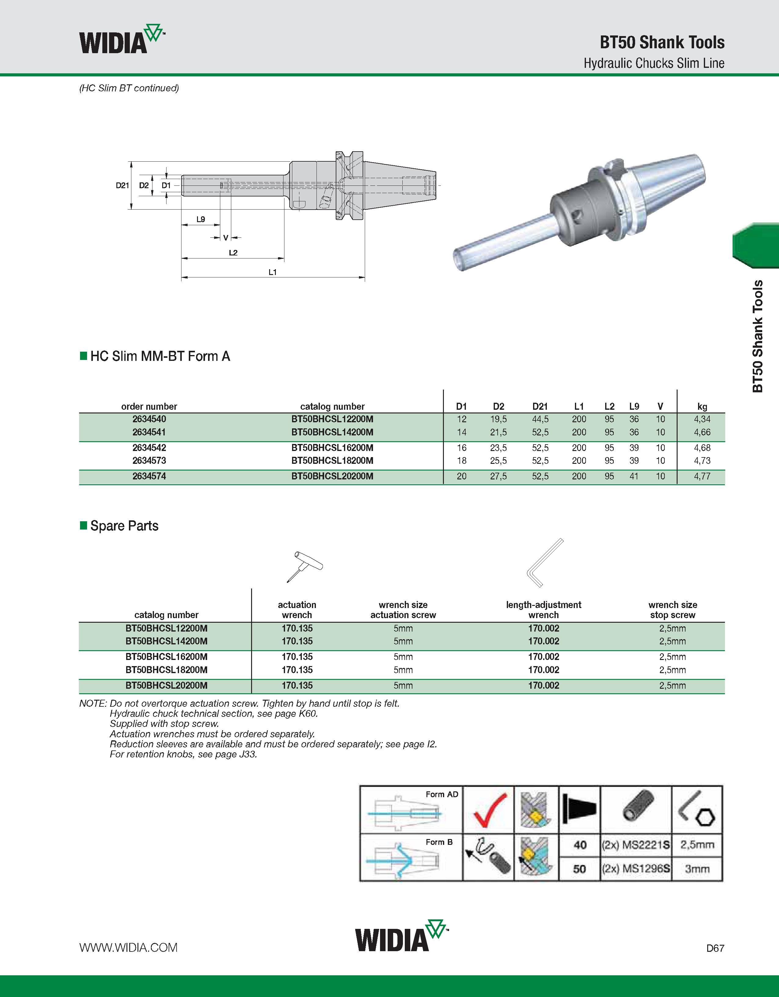 675 WIDIA BT50 Shank Tools Hydraulic Chucks Slim Line (HC Slim BT continued) HC Slim MM-BT Form A order number catalog number D1 D2 D21 L1 L2 L9 V kg Каталог WIDIA 2011 Инструментальная оснастка для металлорежущих станков Вспомогательный инструмент для оборудования Адаптеры Насадки Оправки Патроны Стр. D67 ENG