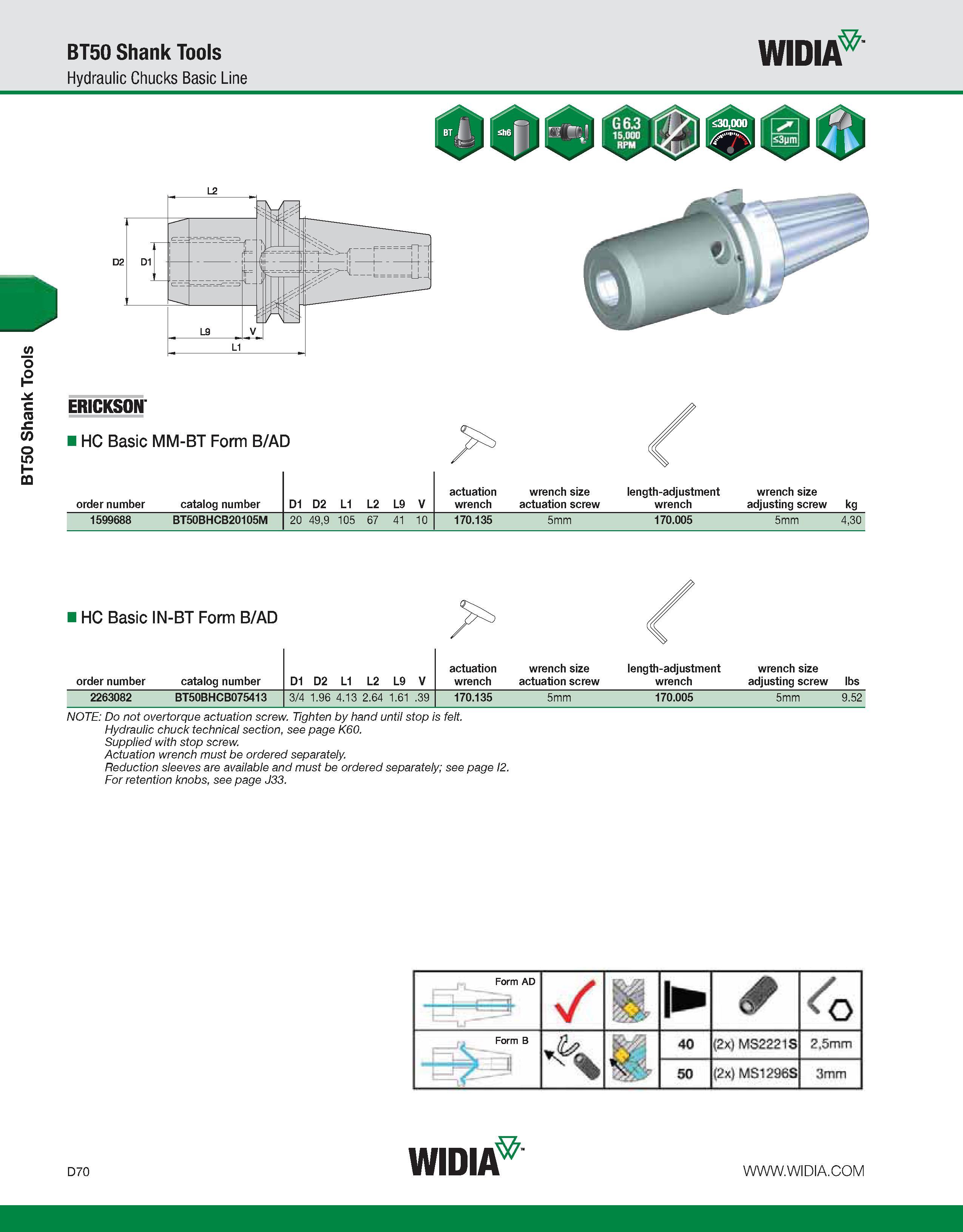 678 BT50 Shank Tools BT50 Shank Tools Hydraulic Chucks Basic Line WIDIA ERICKSON HC Basic MM-BT Form B/AD order number catalog number D1 D2 L1 L2 L9 Каталог WIDIA 2011 Инструментальная оснастка для металлорежущих станков Вспомогательный инструмент для оборудования Адаптеры Насадки Оправки Патроны Стр. D70 ENG